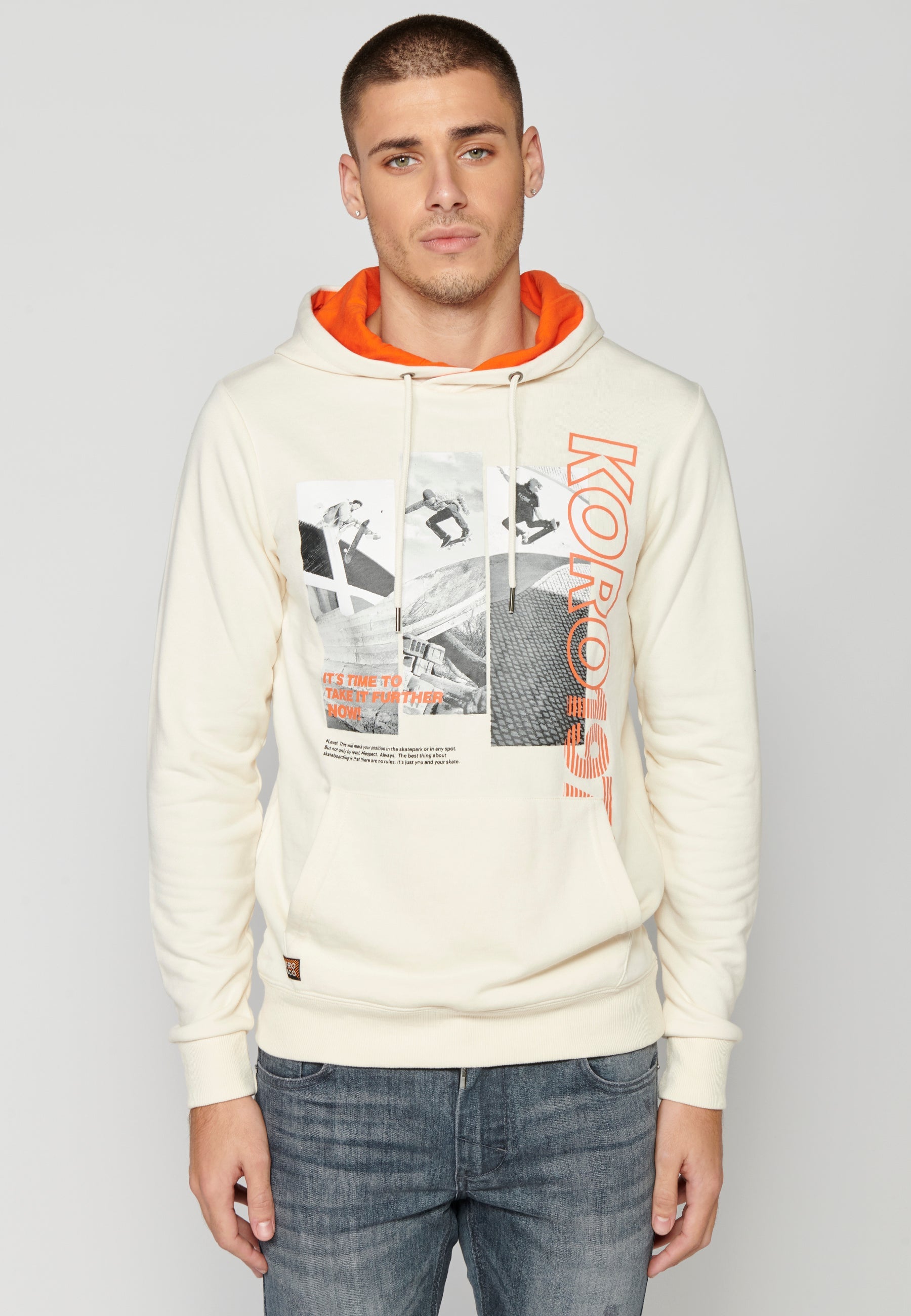 Sudadera Hombre Capucha con Bolsillo y Estampado – Koroshi Crema