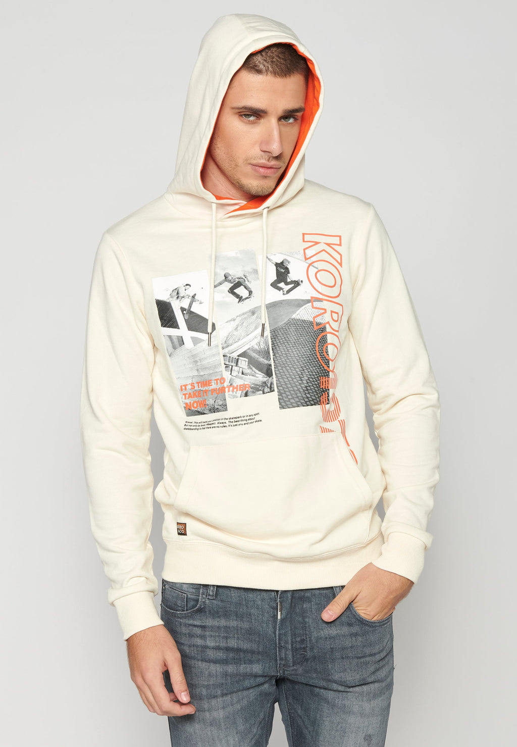 Sudadera Hombre Capucha con Bolsillo y Estampado – Koroshi Crema