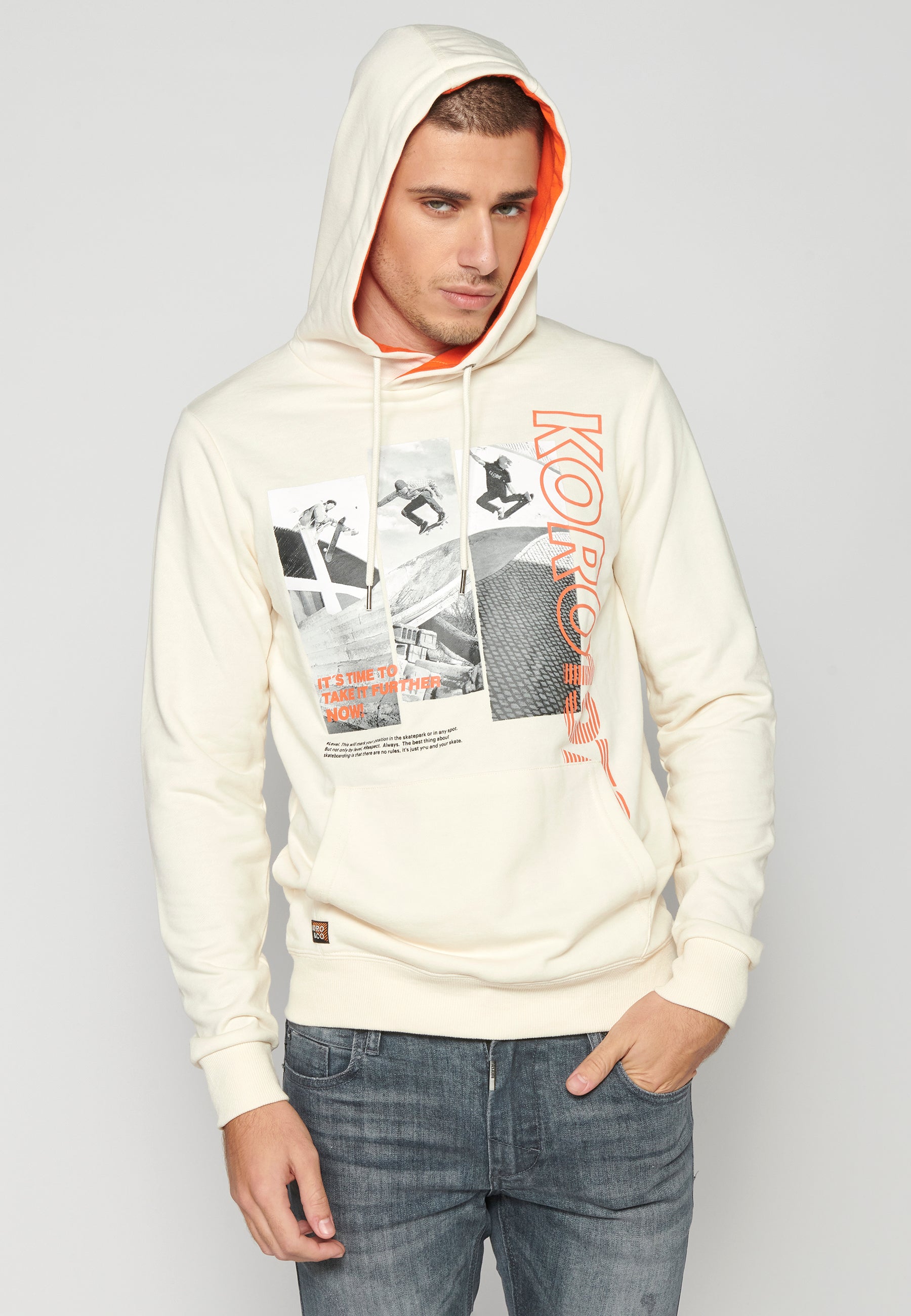 Sudadera Hombre Capucha con Bolsillo y Estampado – Koroshi Crema