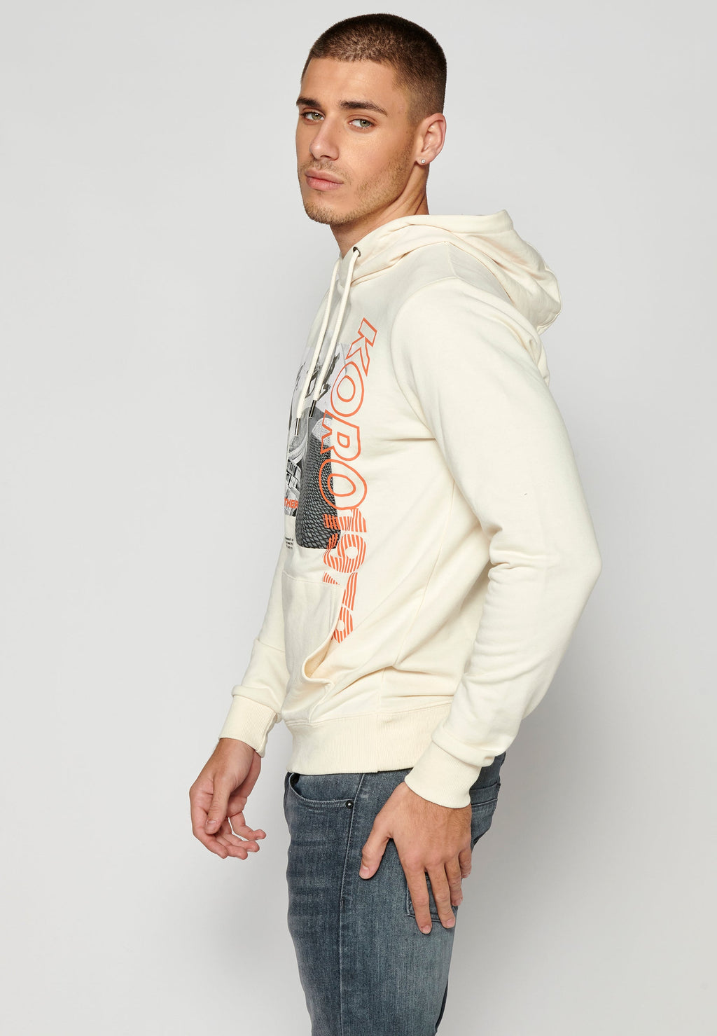 Sudadera Hombre Capucha con Bolsillo y Estampado – Koroshi Crema