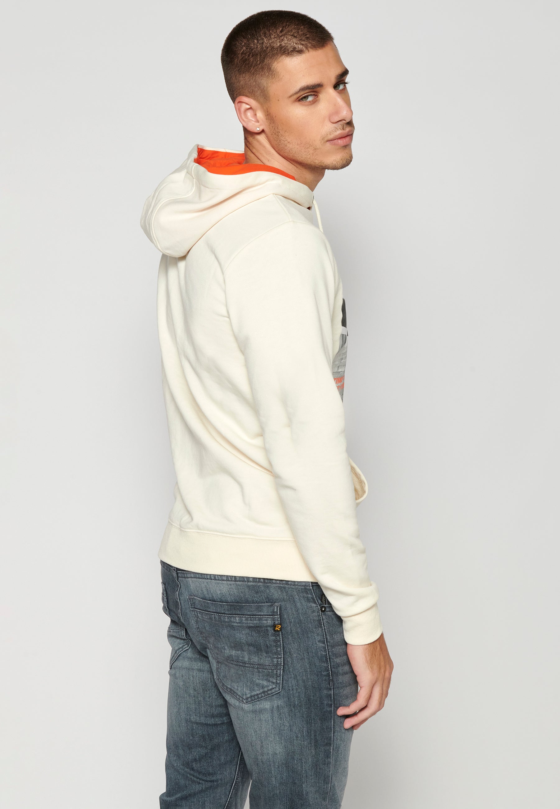 Sudadera Hombre Capucha con Bolsillo y Estampado – Koroshi Crema