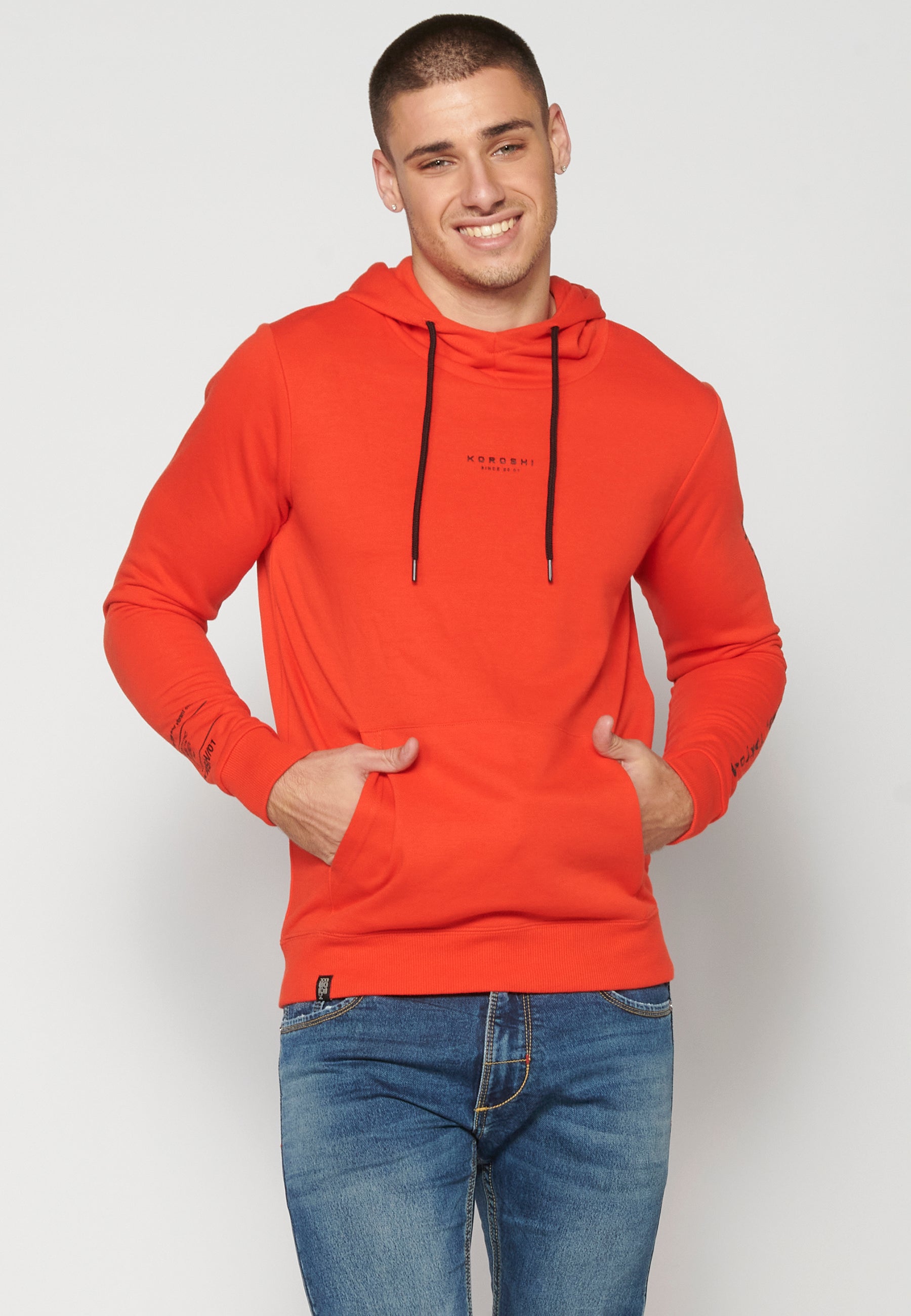 Sudadera Hombre Capucha con Bolsillo y Estampado – Koroshi Rojo
