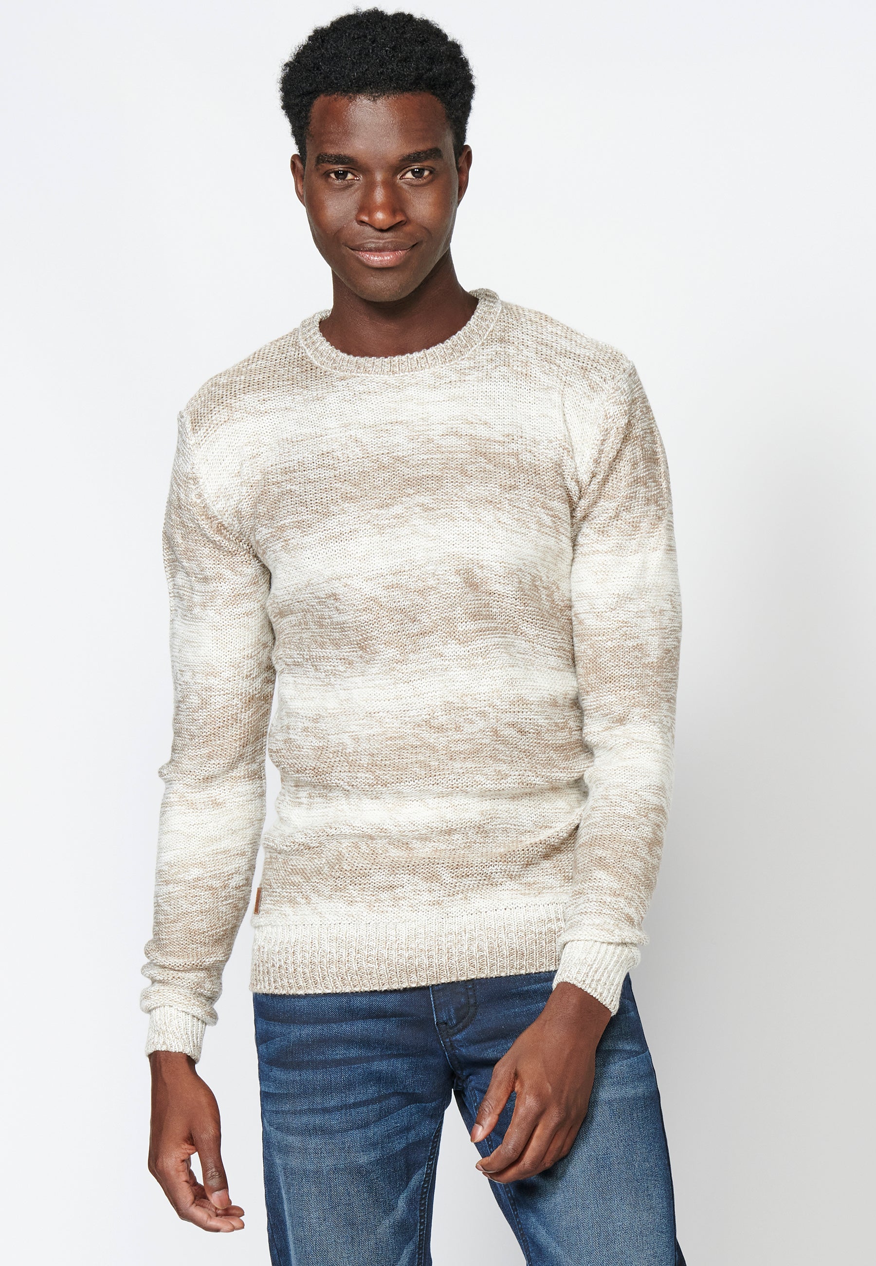 Jersey Punto Hombre Cuello Redondo Rayas Degradadas – Koroshi Beige