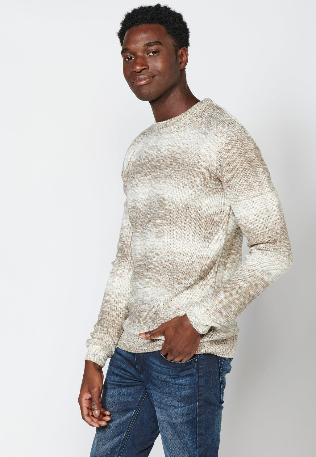 Jersey Punto Hombre Cuello Redondo Rayas Degradadas – Koroshi Beige