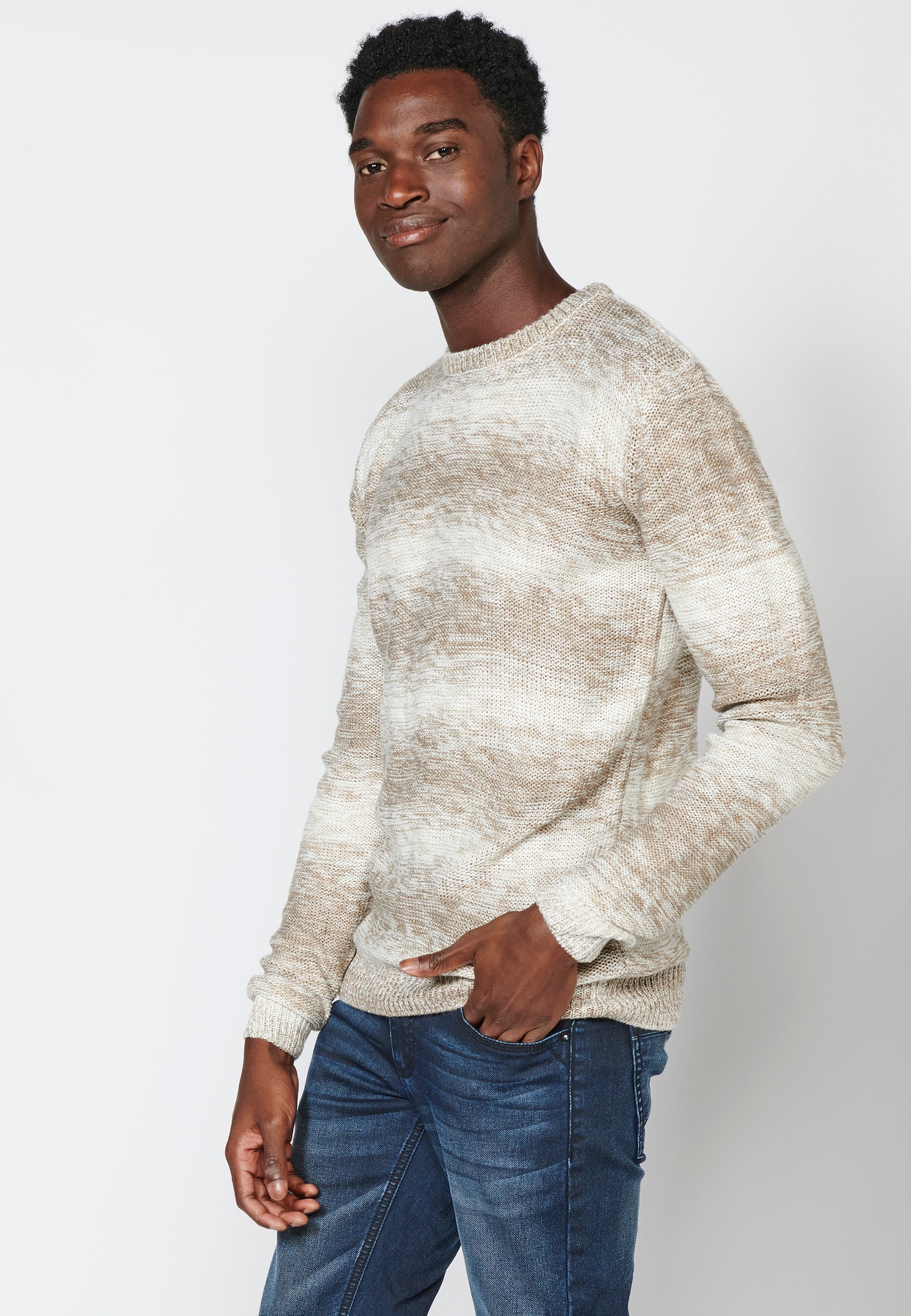 Jersey Punto Hombre Cuello Redondo Rayas Degradadas – Koroshi Beige