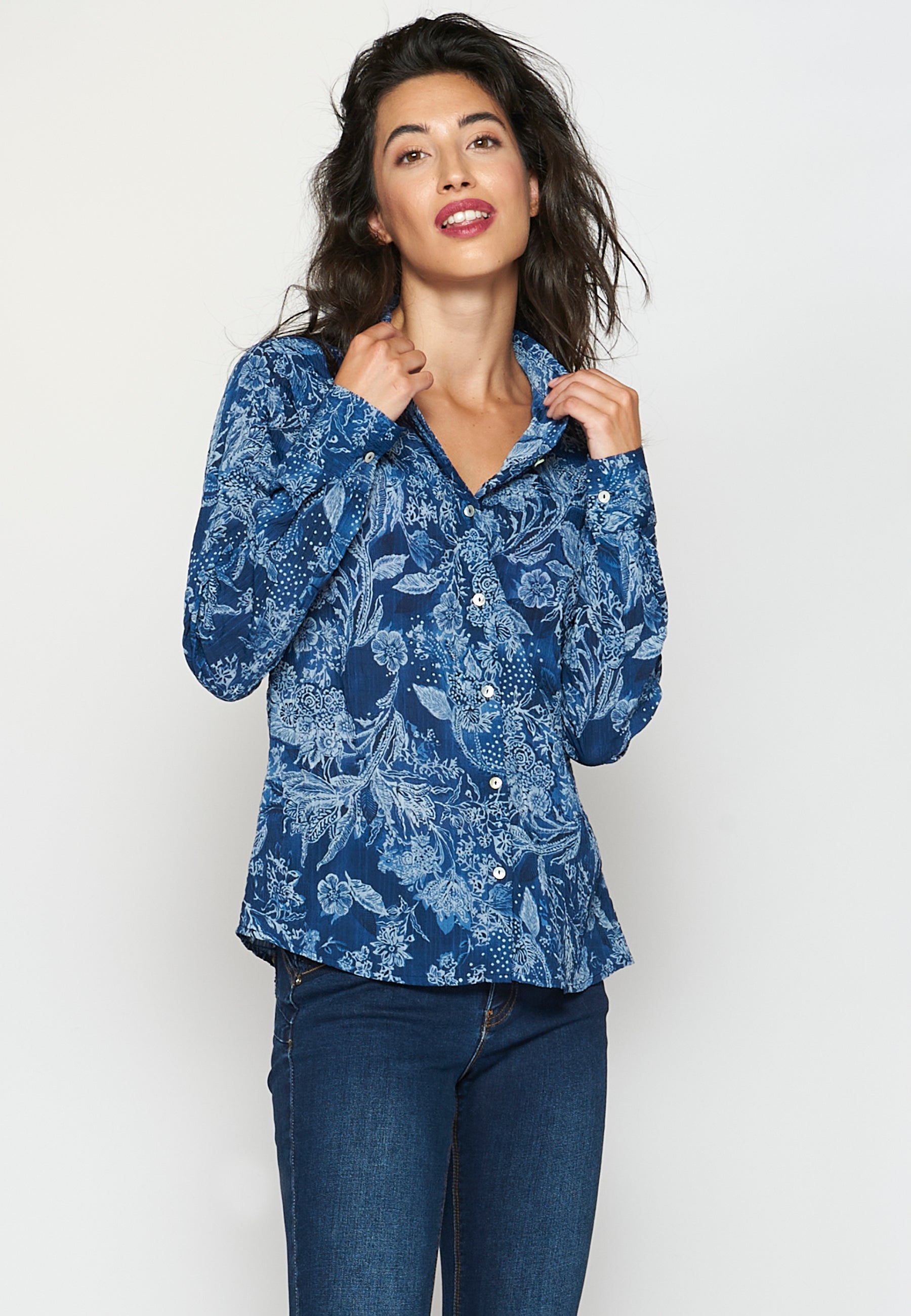 Camisa blusa manga larga con estampado floral para mujer
