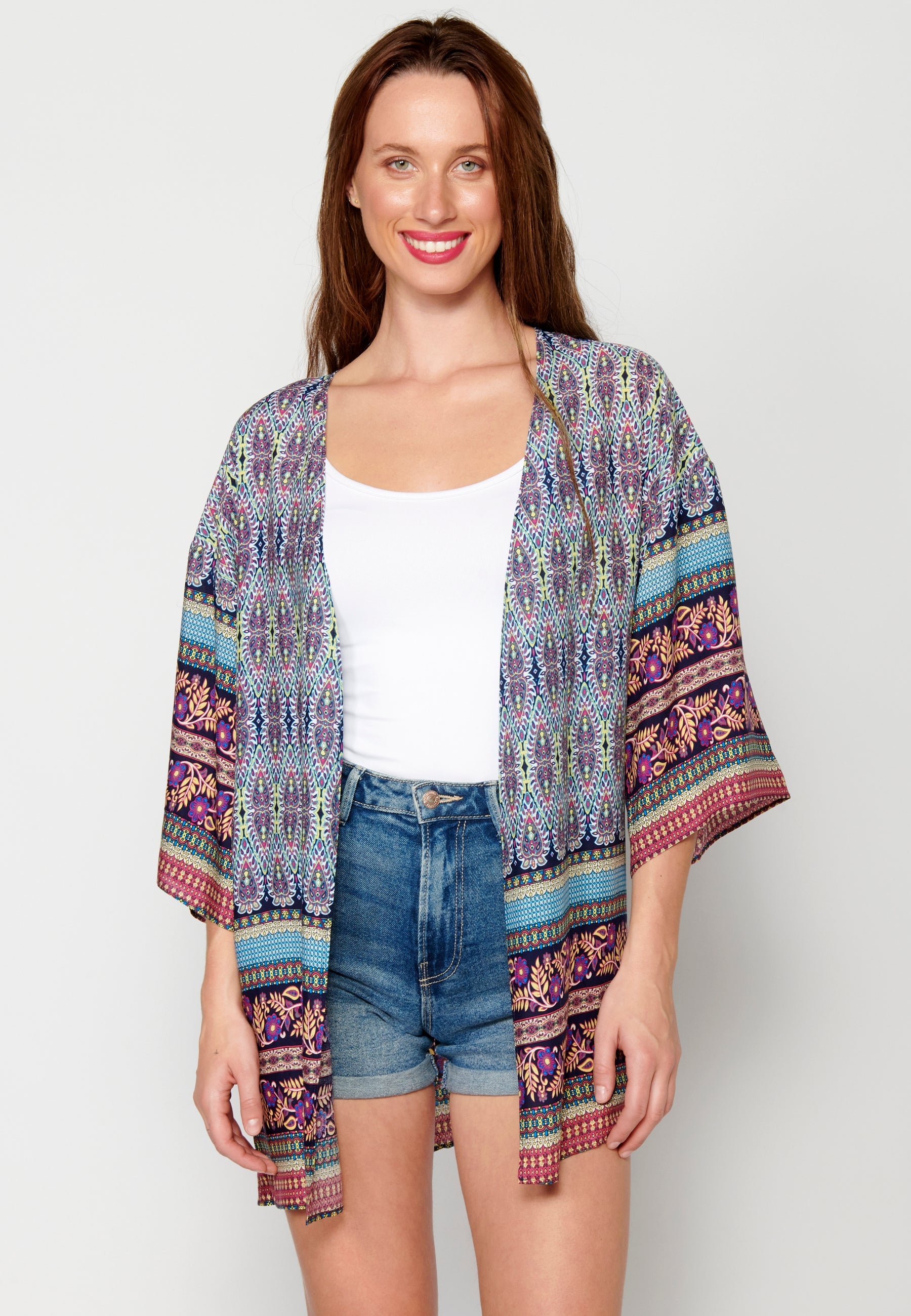 Chaqueta manga larga fluida con detalles florales multicolor para mujer | moda actual