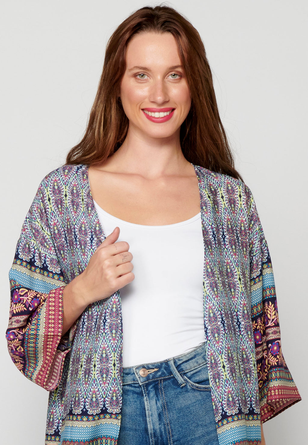 Chaqueta manga larga fluida con detalles florales multicolor para mujer | moda actual