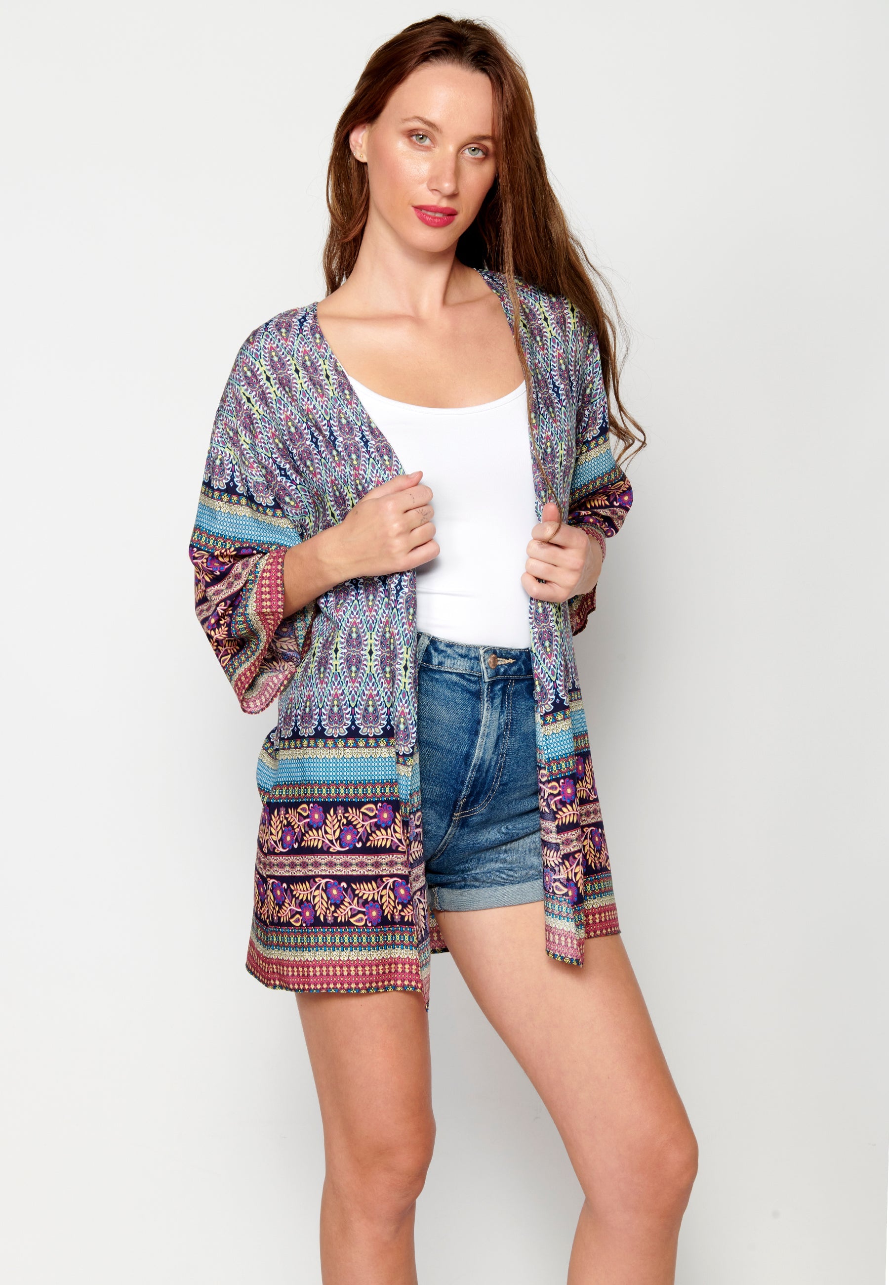 Chaqueta manga larga fluida con detalles florales multicolor para mujer | moda actual