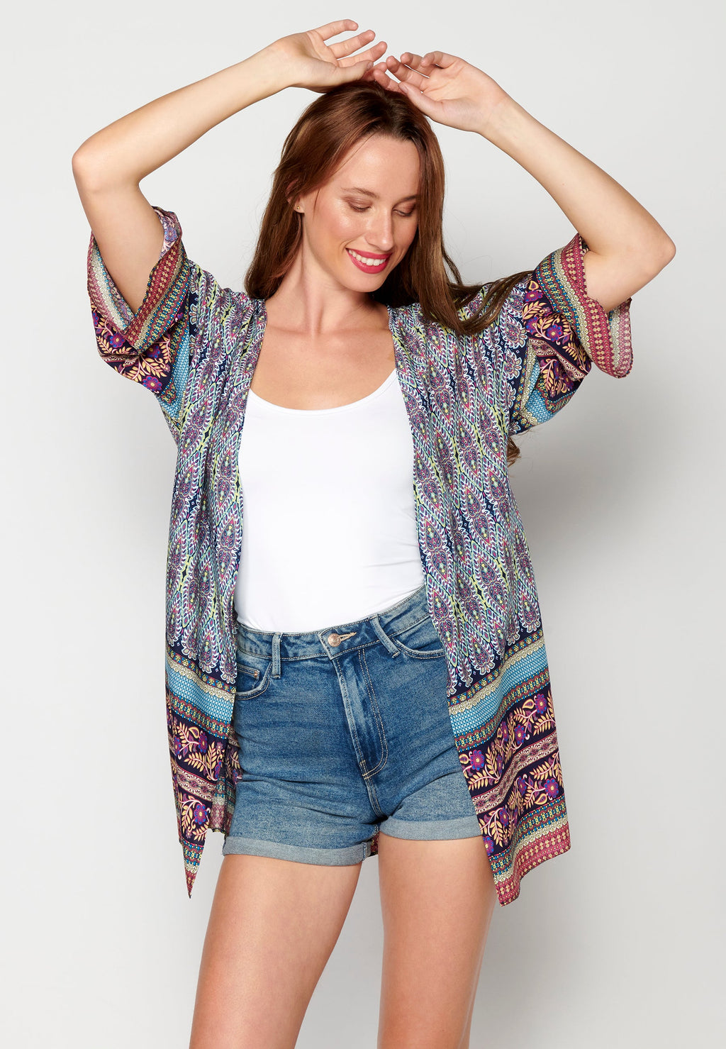Chaqueta manga larga fluida con detalles florales multicolor para mujer | moda actual