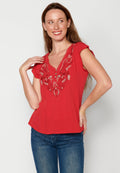Blusa manga corta con detalles florales para mujer | moda actual