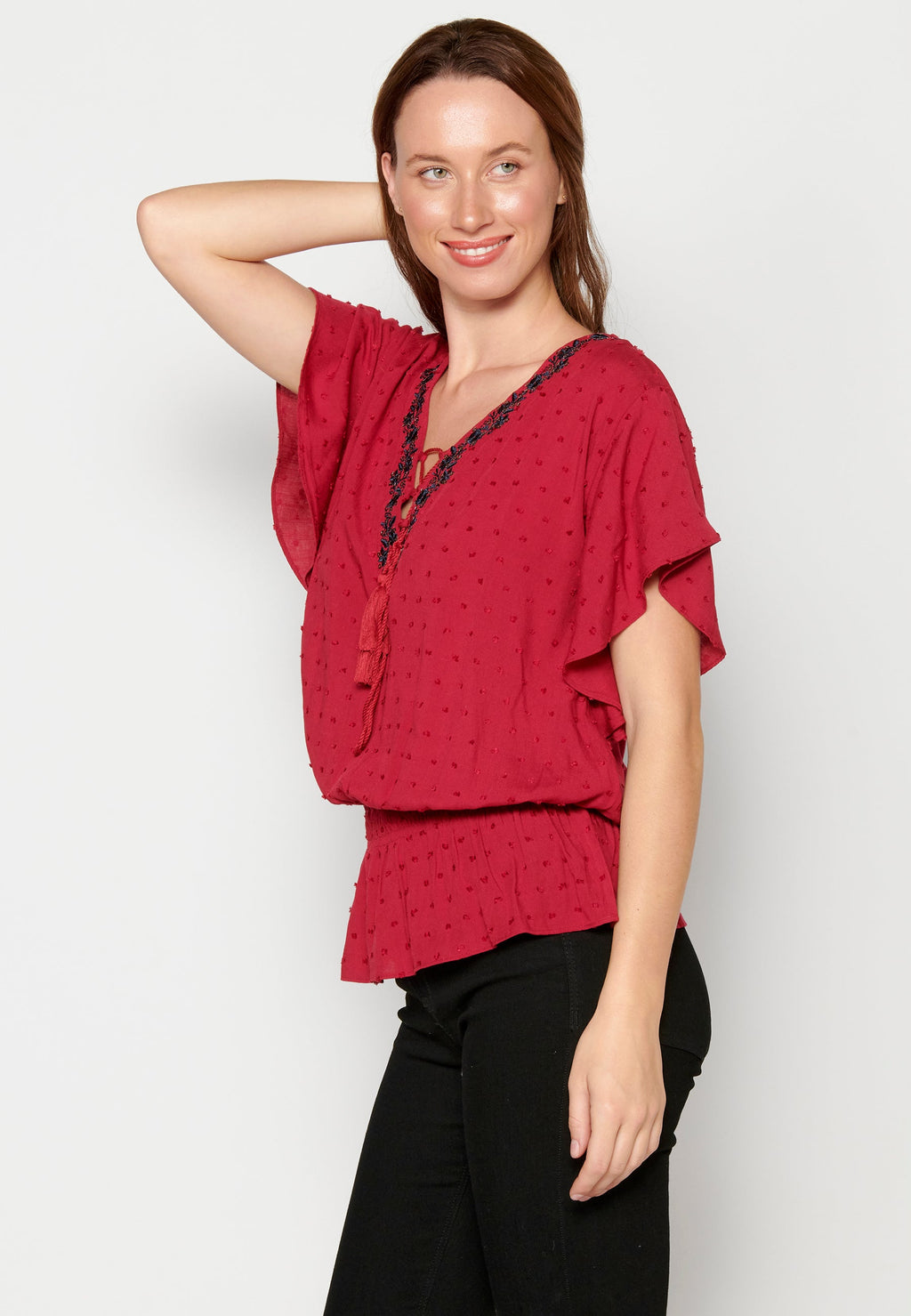 Blusa de manga corta fluida granate para mujer | moda actual
