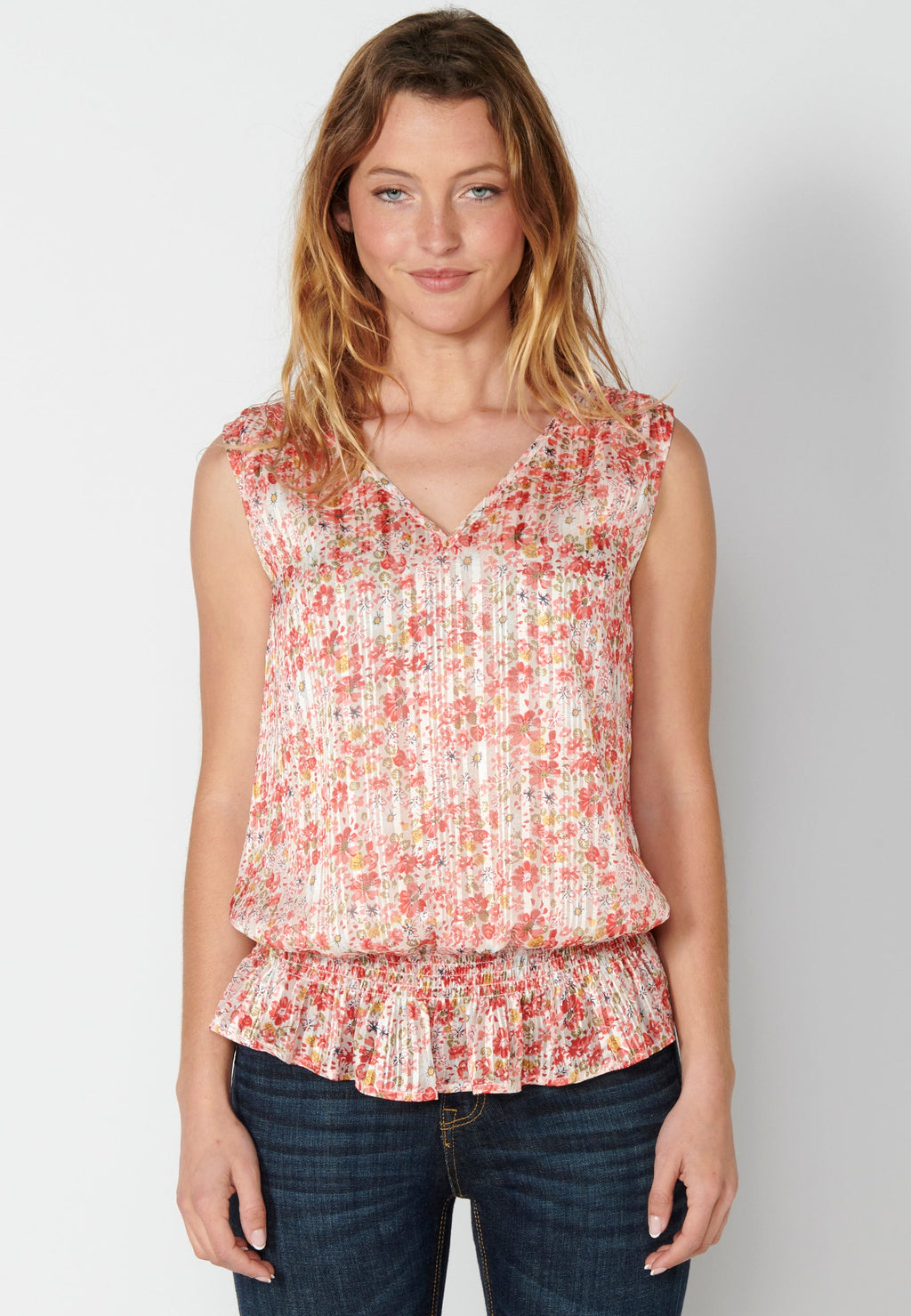 Blusa fluida sin mangas estampado floral multicolor para mujer | moda actual