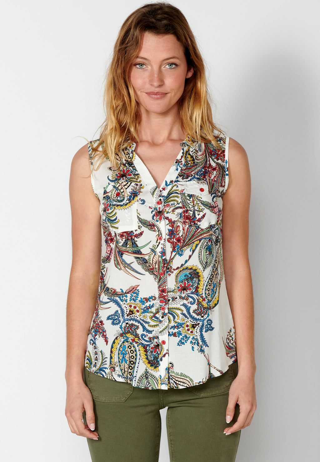 Blusa sin mangas con estampado floral multicolor para mujer | moda actual