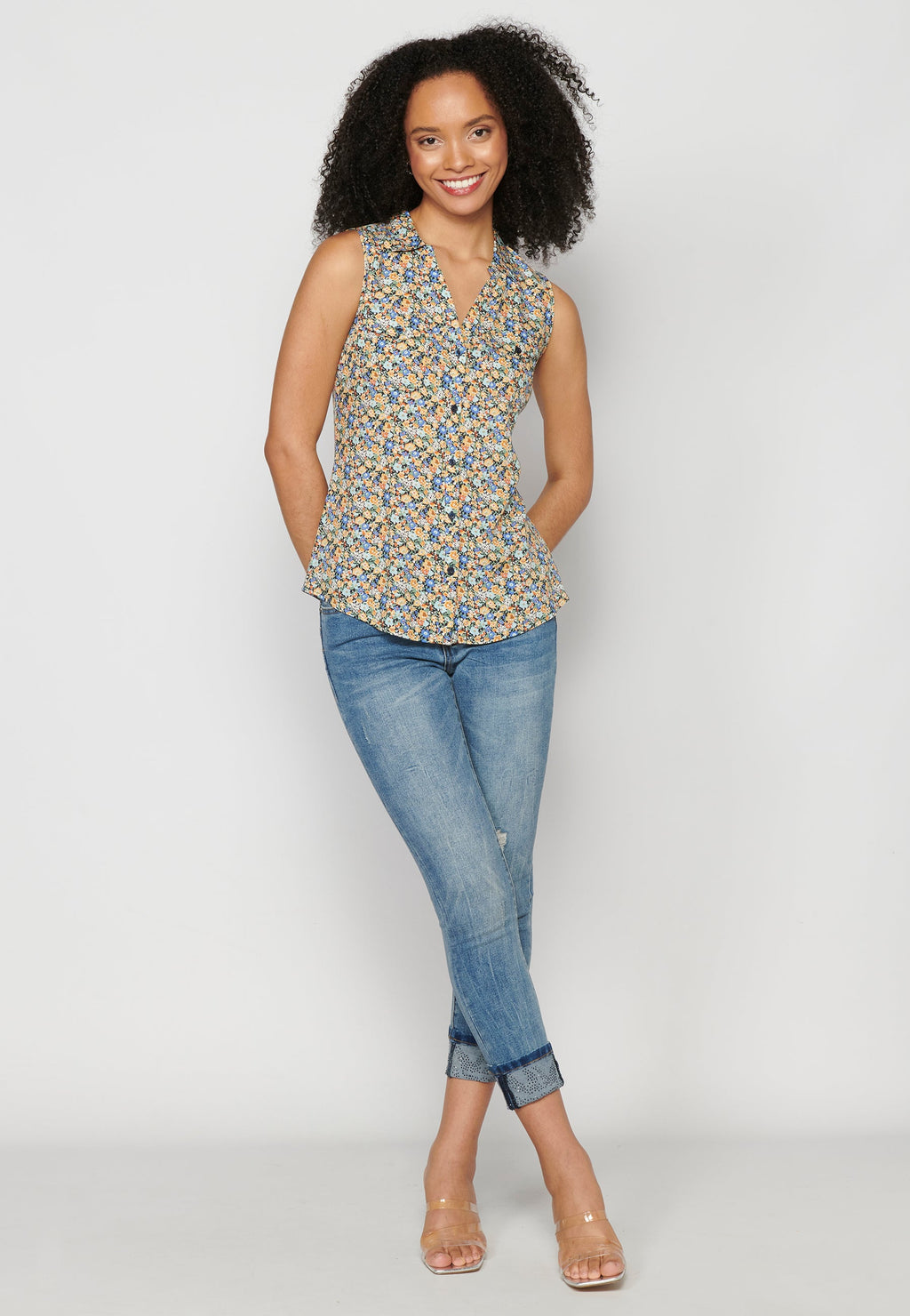 Blusa sin mangas con estampado floral multicolor para mujer | moda actual