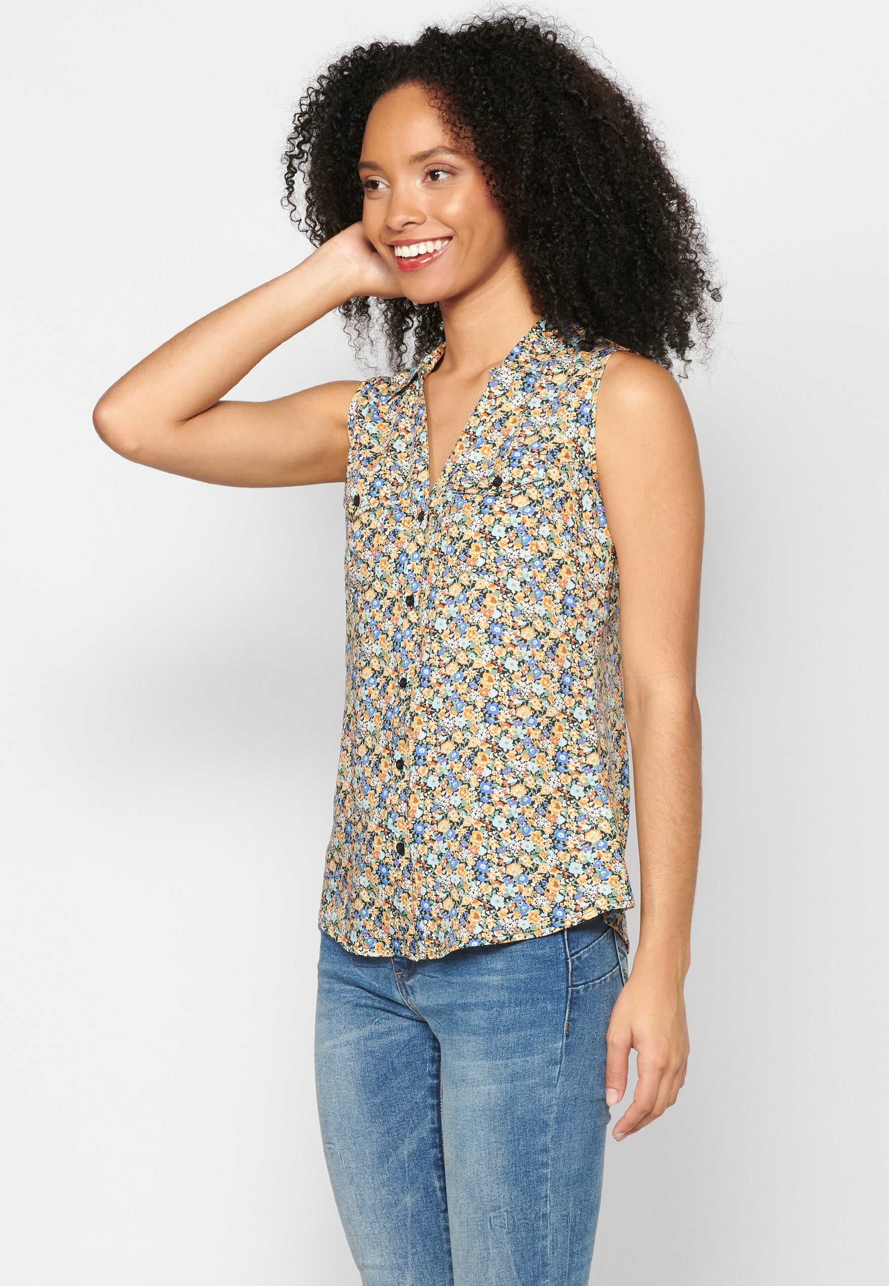 Blusa sin mangas con estampado floral multicolor para mujer | moda actual