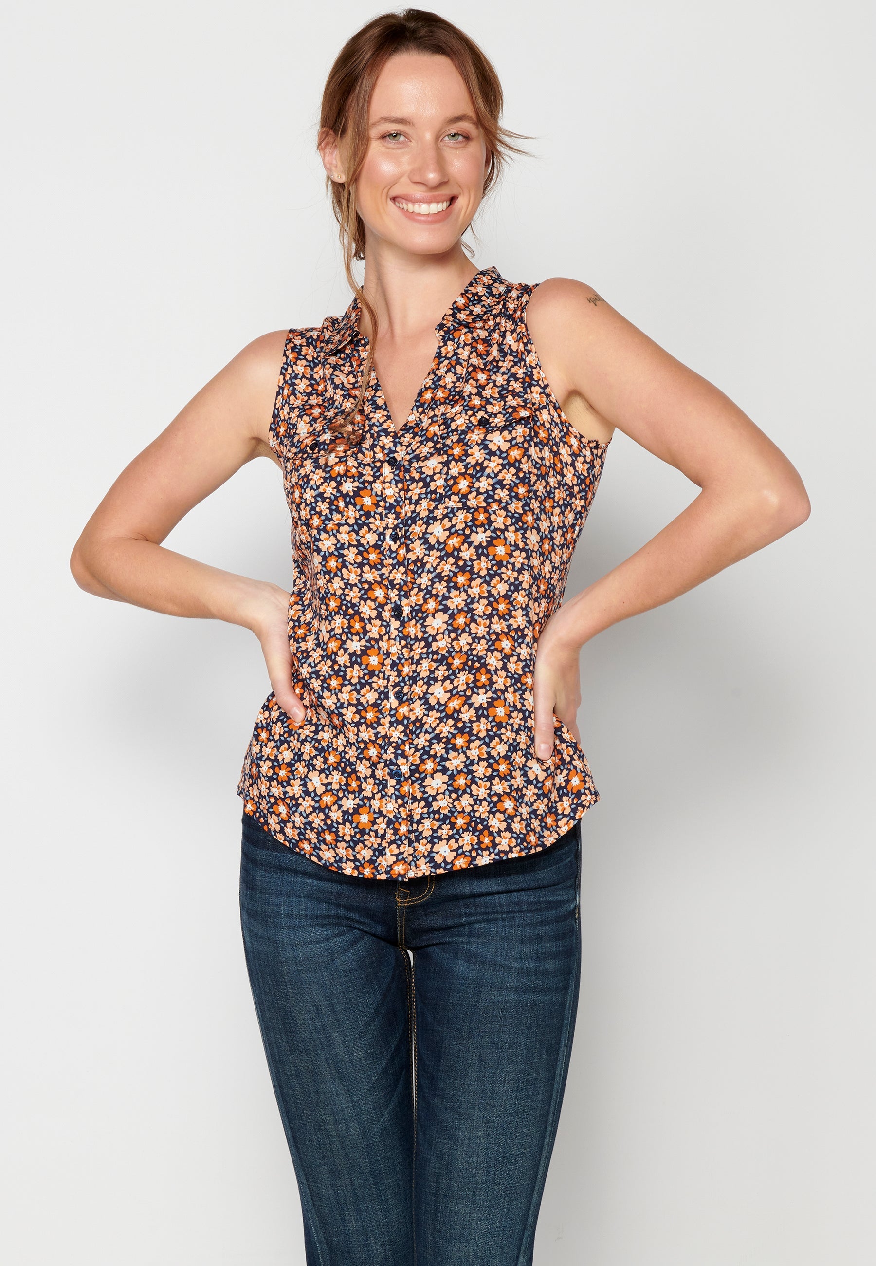 Blusa sin mangas con estampado floral multicolor para mujer | moda actual