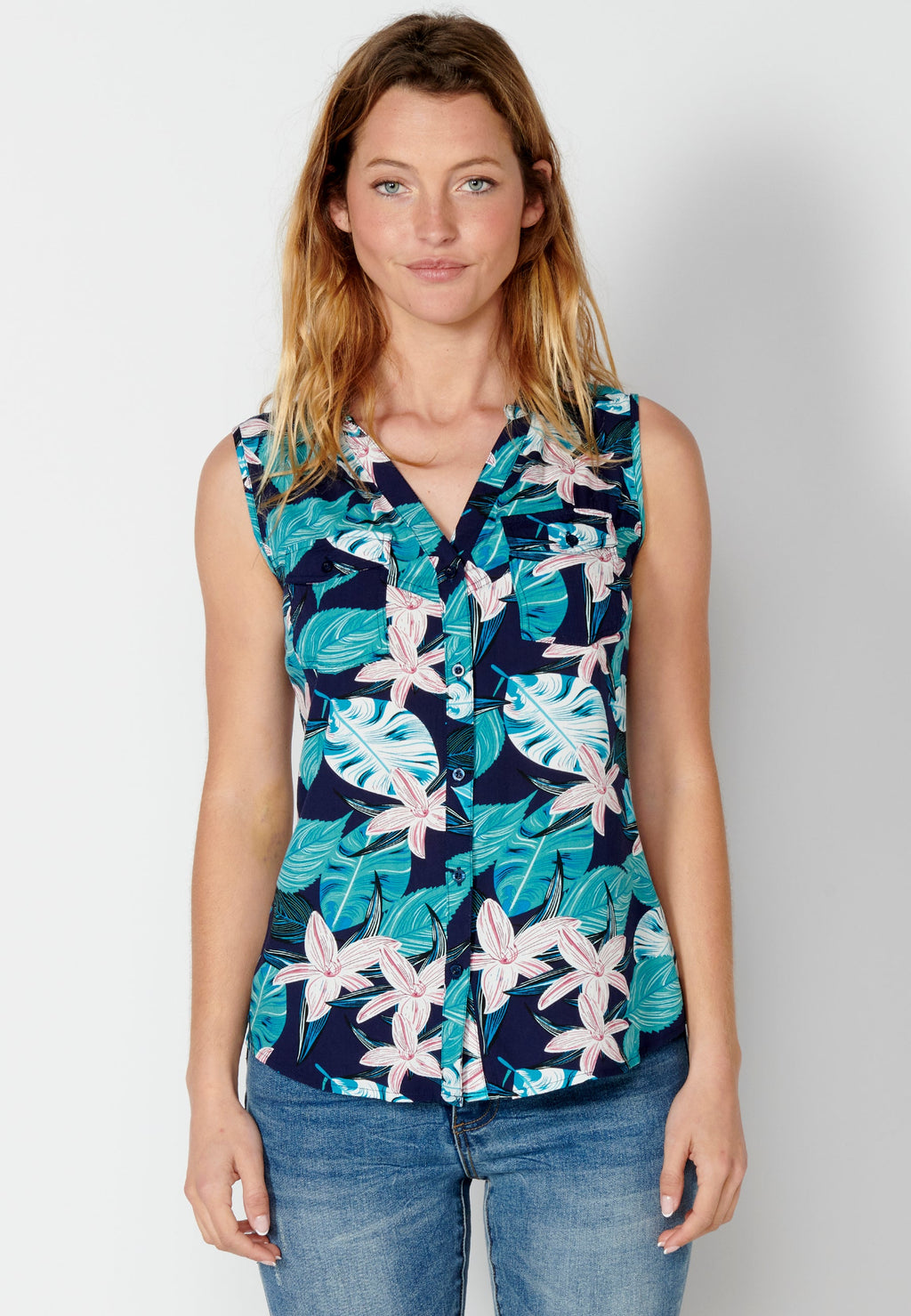 Blusa sin mangas con estampado floral multicolor para mujer | moda actual