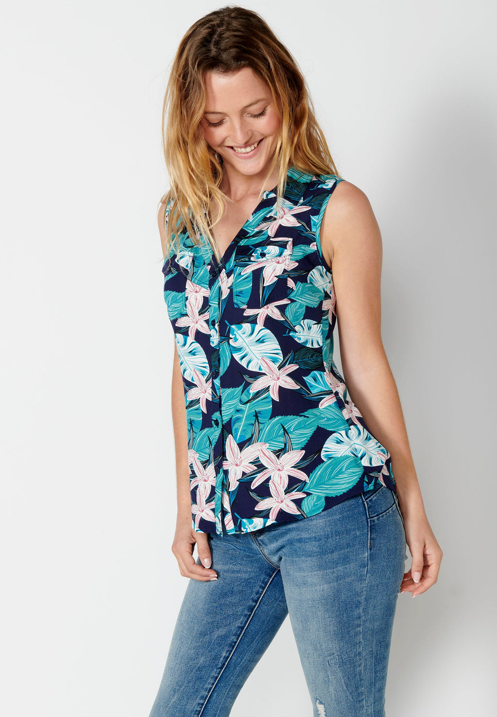 Blusa sin mangas con estampado floral multicolor para mujer | moda actual