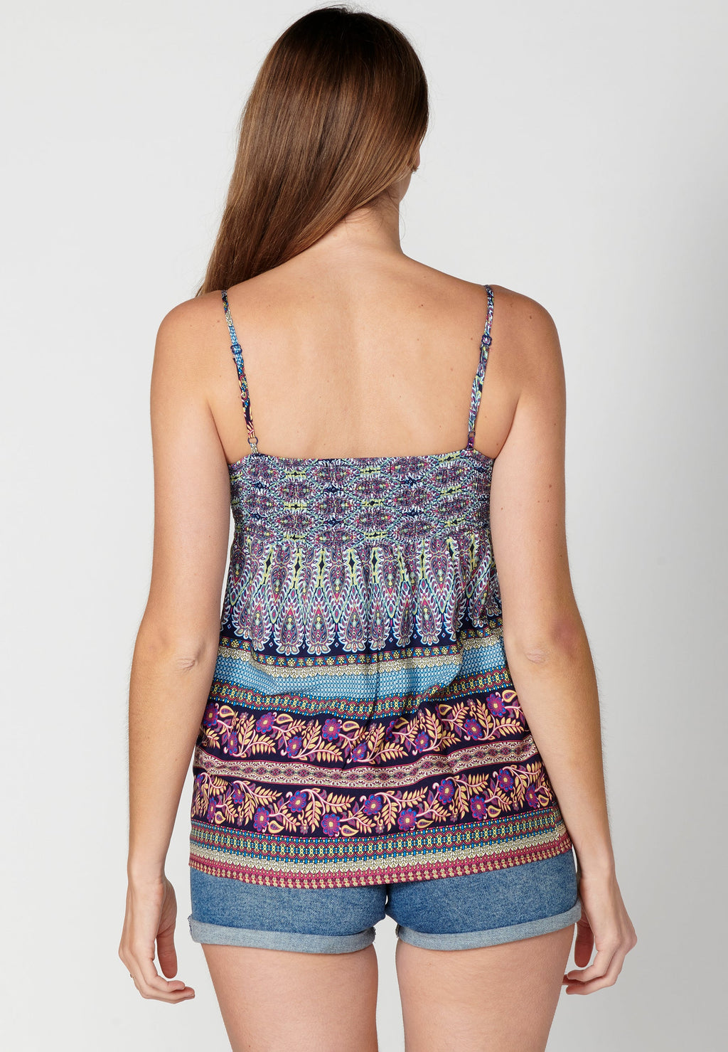 Blusa de tirantes ajustables con escote de pico y estampado étnico multicolor para mujer | moda actual