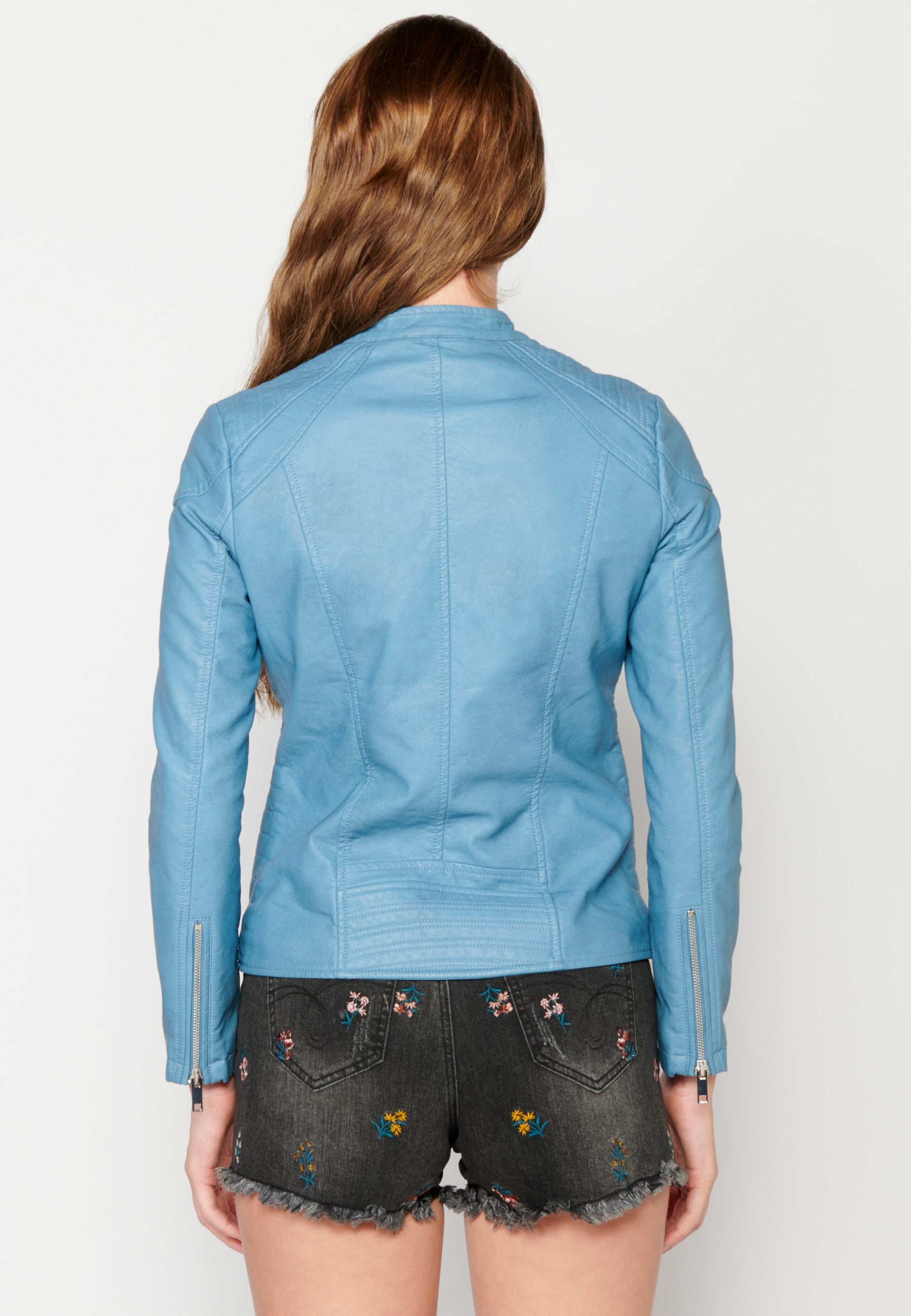 Cazadora efecto piel azul para mujer con cuello mao – Koroshi