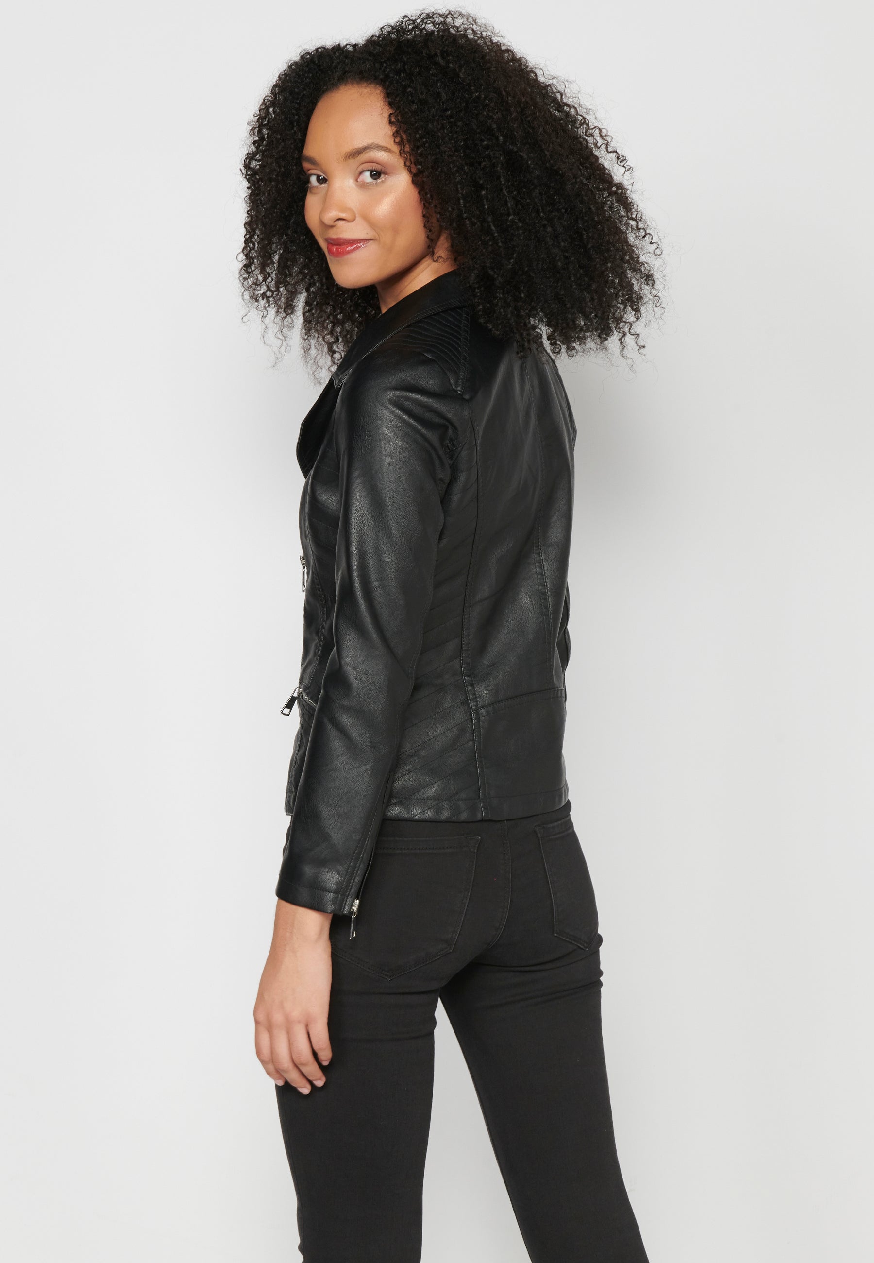 Cazadora biker efecto piel negra para mujer – Koroshi