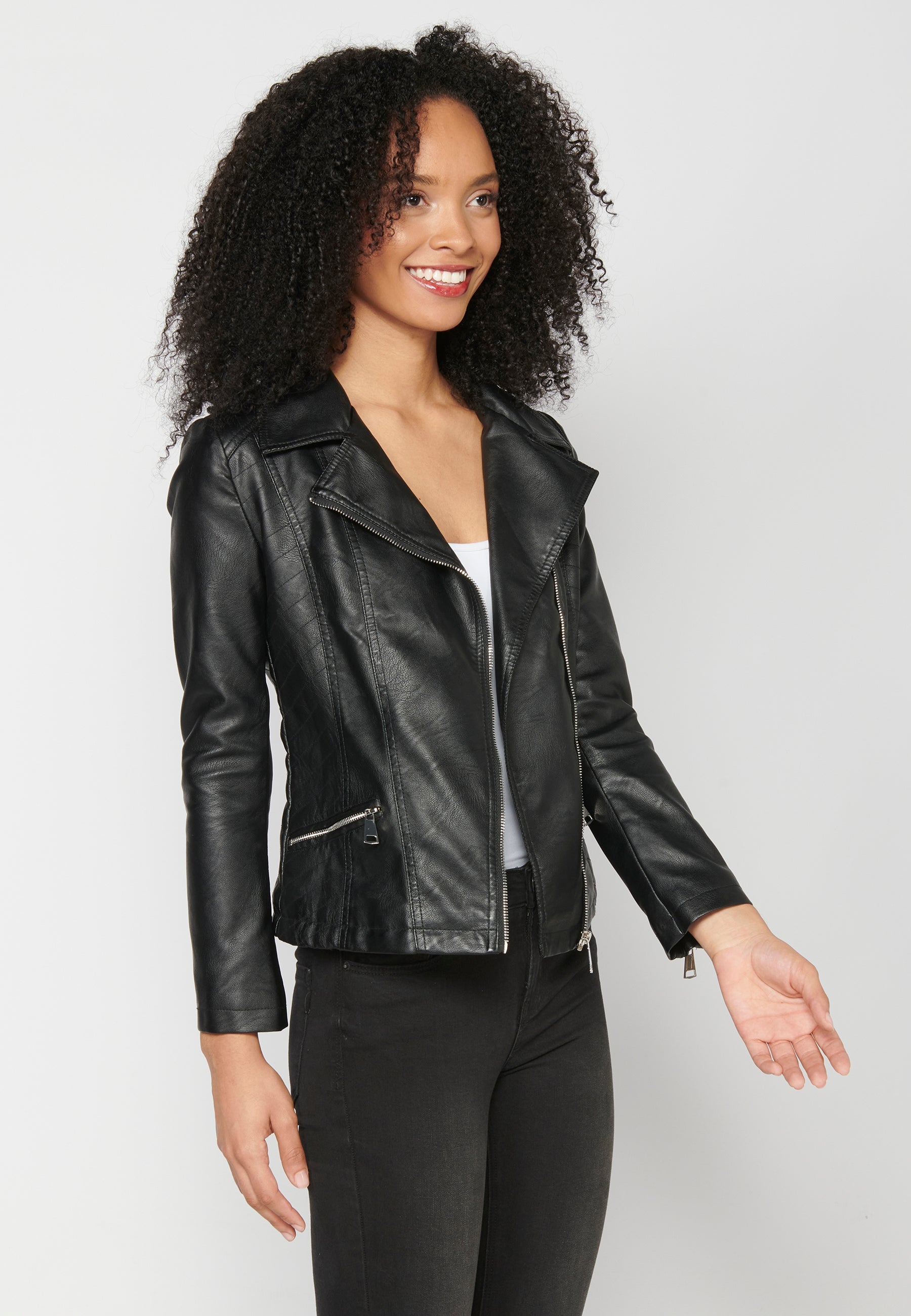 Cazadora biker efecto piel negra para mujer – Koroshi
