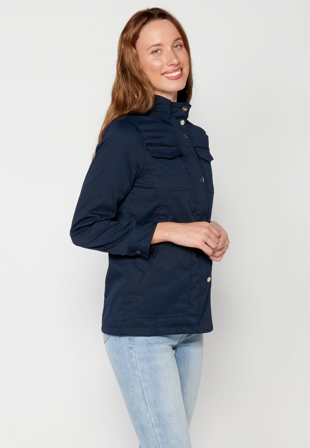 Parka corta azul marino para mujer con capucha – Koroshi