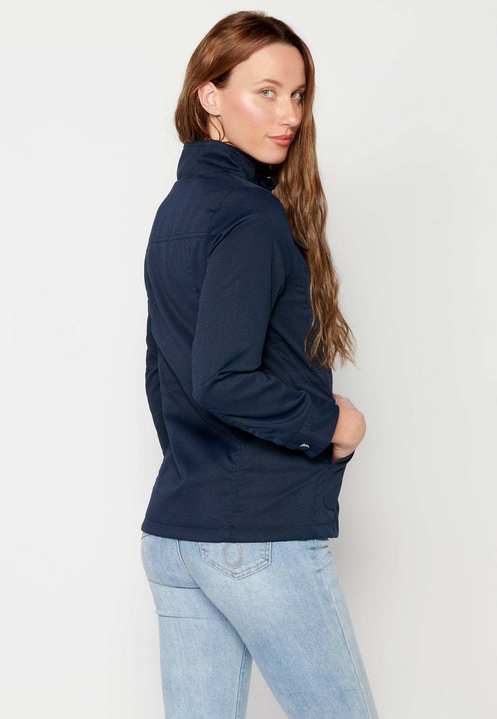 Parka corta azul marino para mujer con capucha – Koroshi