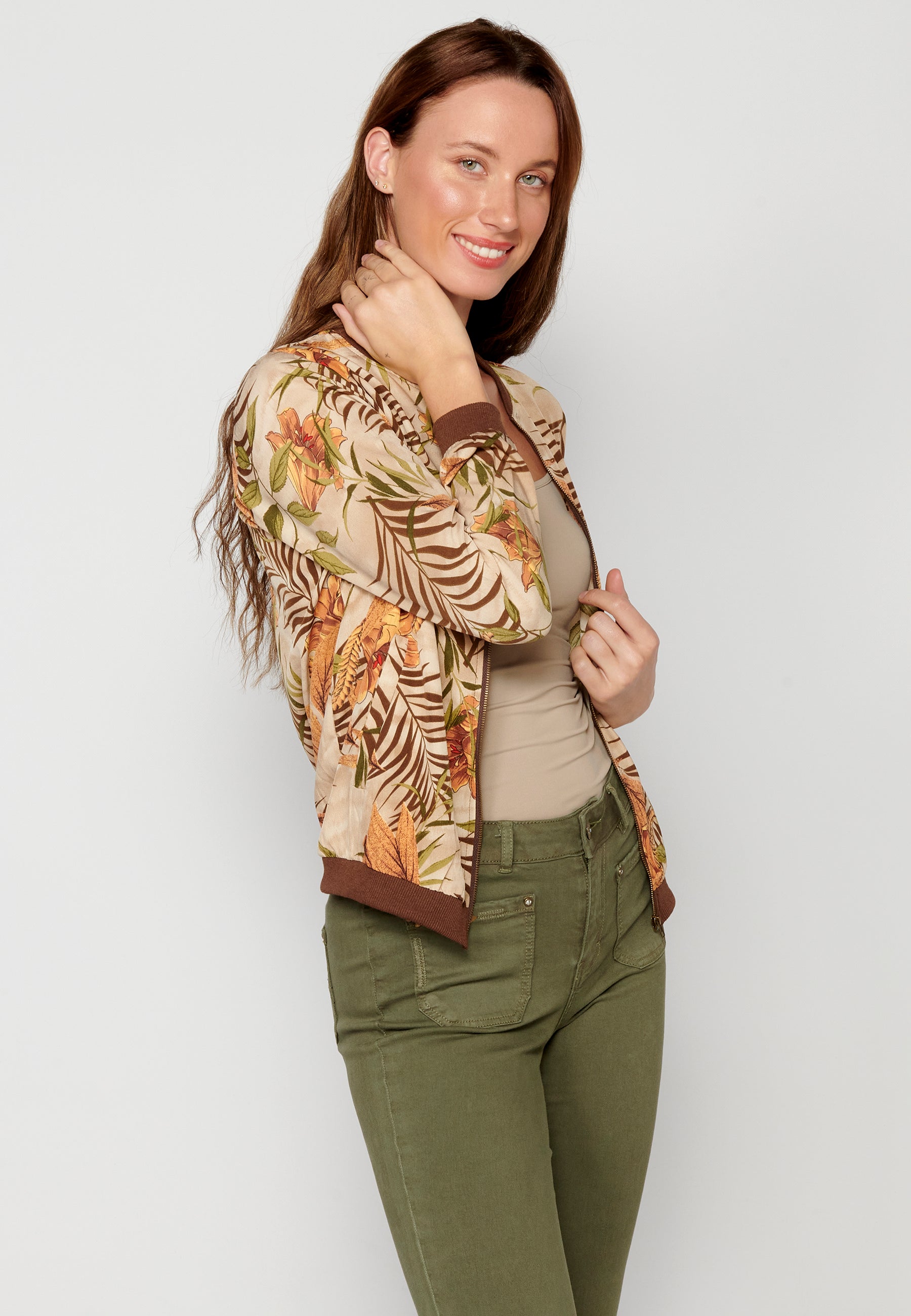Blusa cremallera manga larga transparencia estampado floral mujer