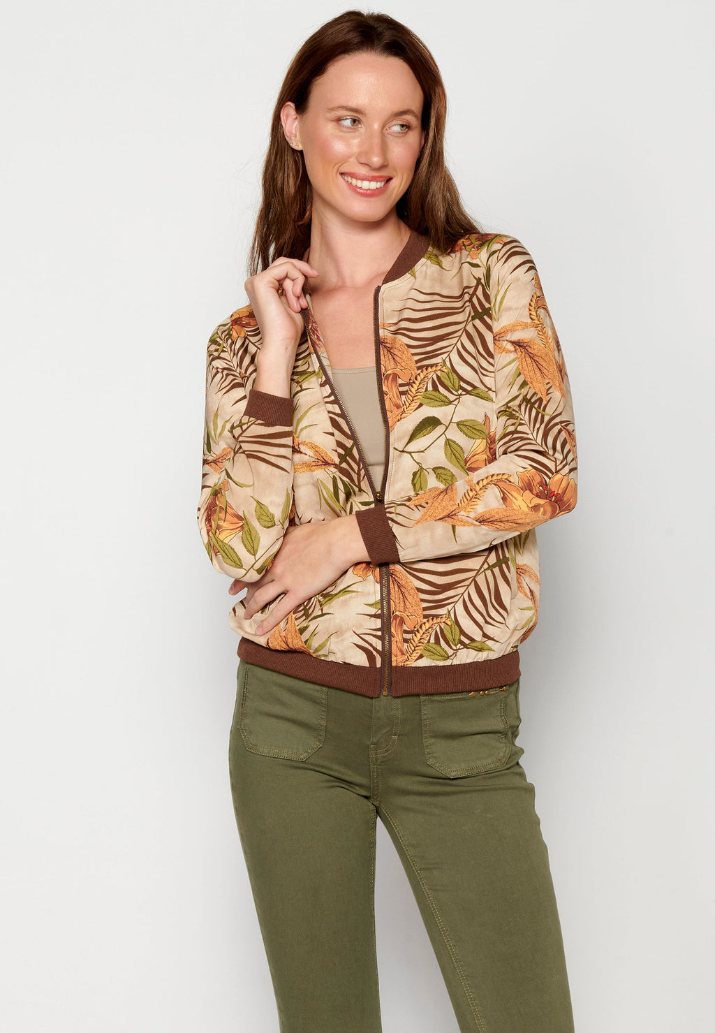 Blusa cremallera manga larga transparencia estampado floral mujer