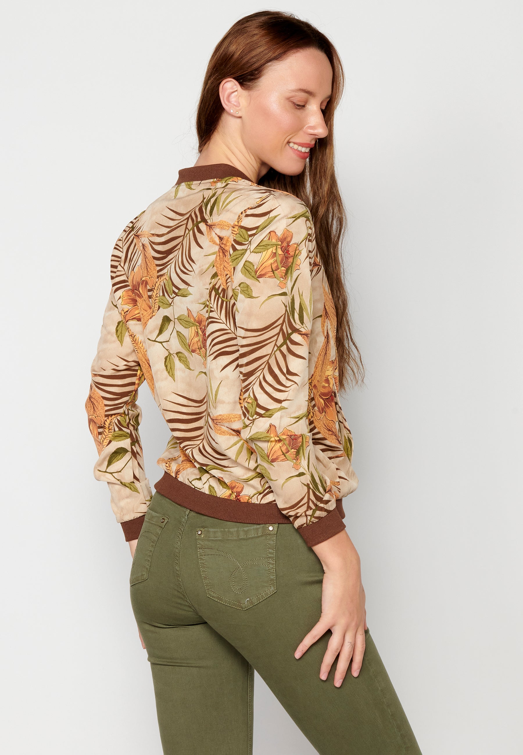 Blusa cremallera manga larga transparencia estampado floral mujer