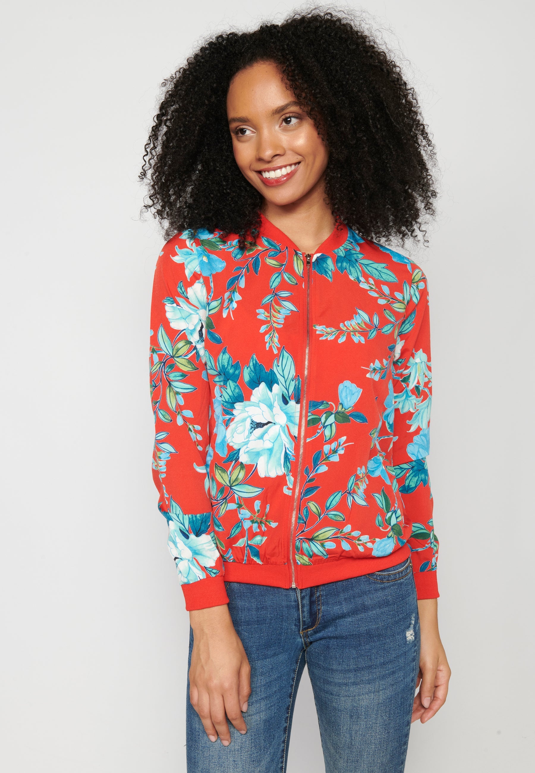 Blusa cremallera manga larga transparencia estampado floral mujer