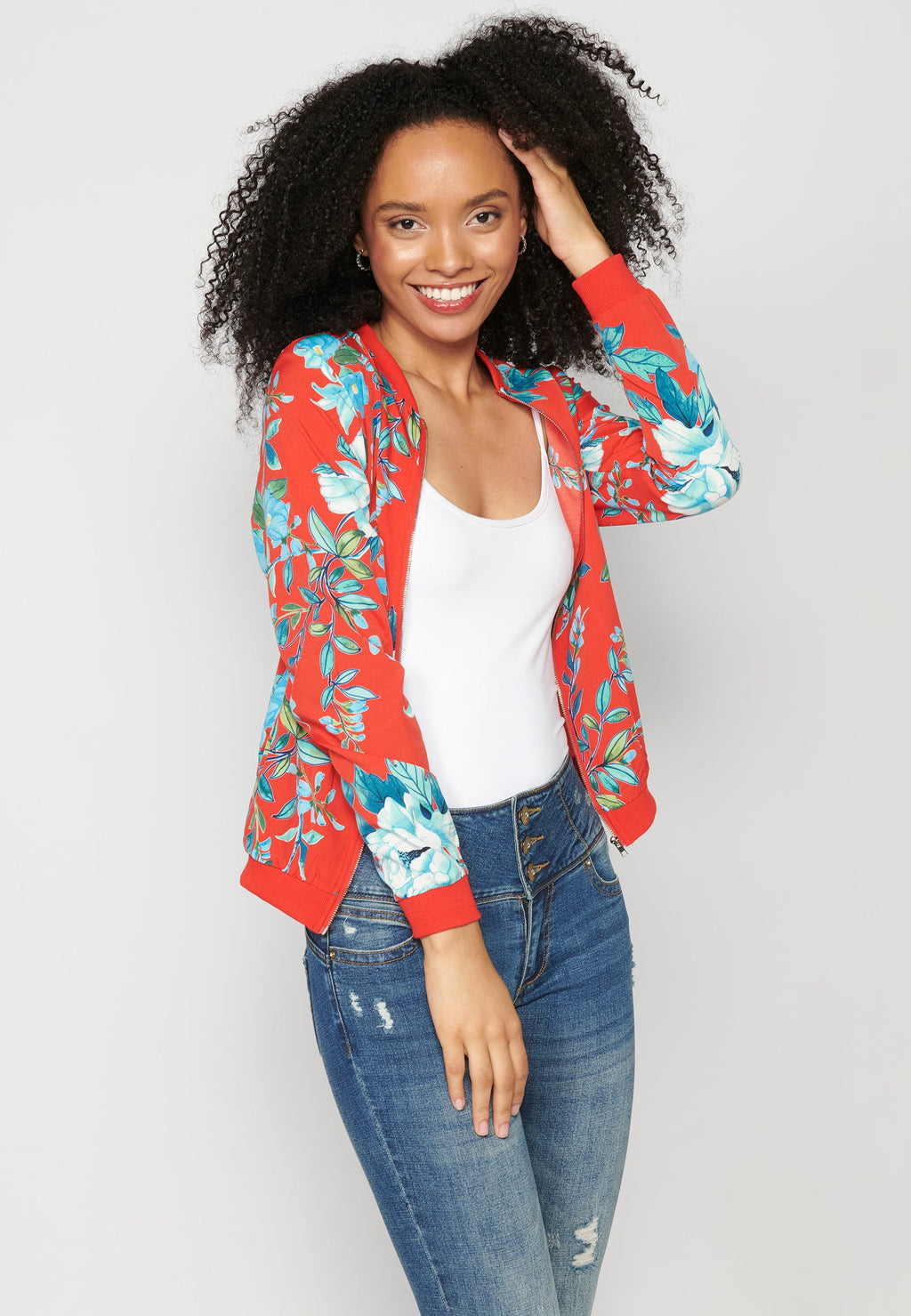 Blusa cremallera manga larga transparencia estampado floral mujer