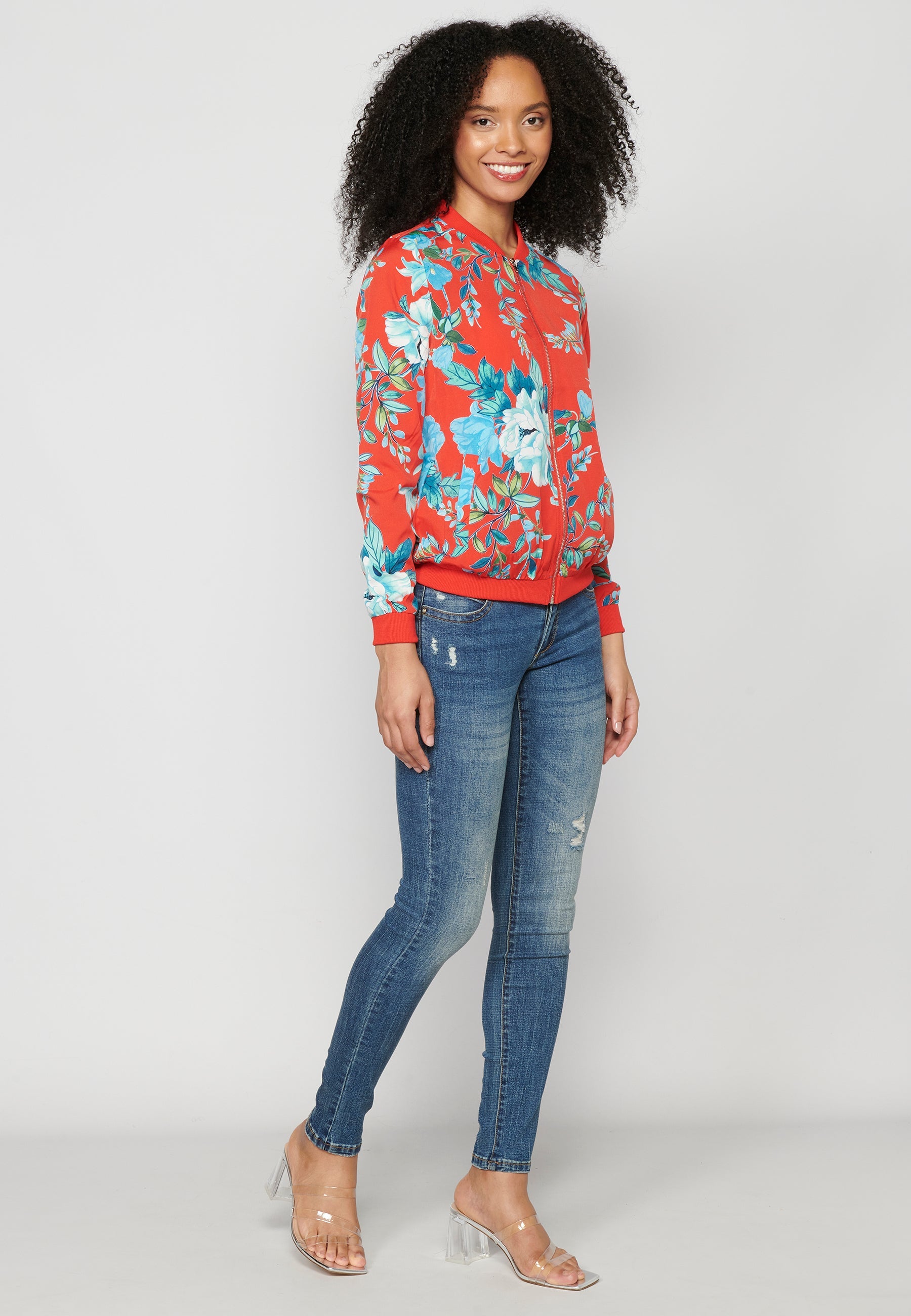 Blusa cremallera manga larga transparencia estampado floral mujer