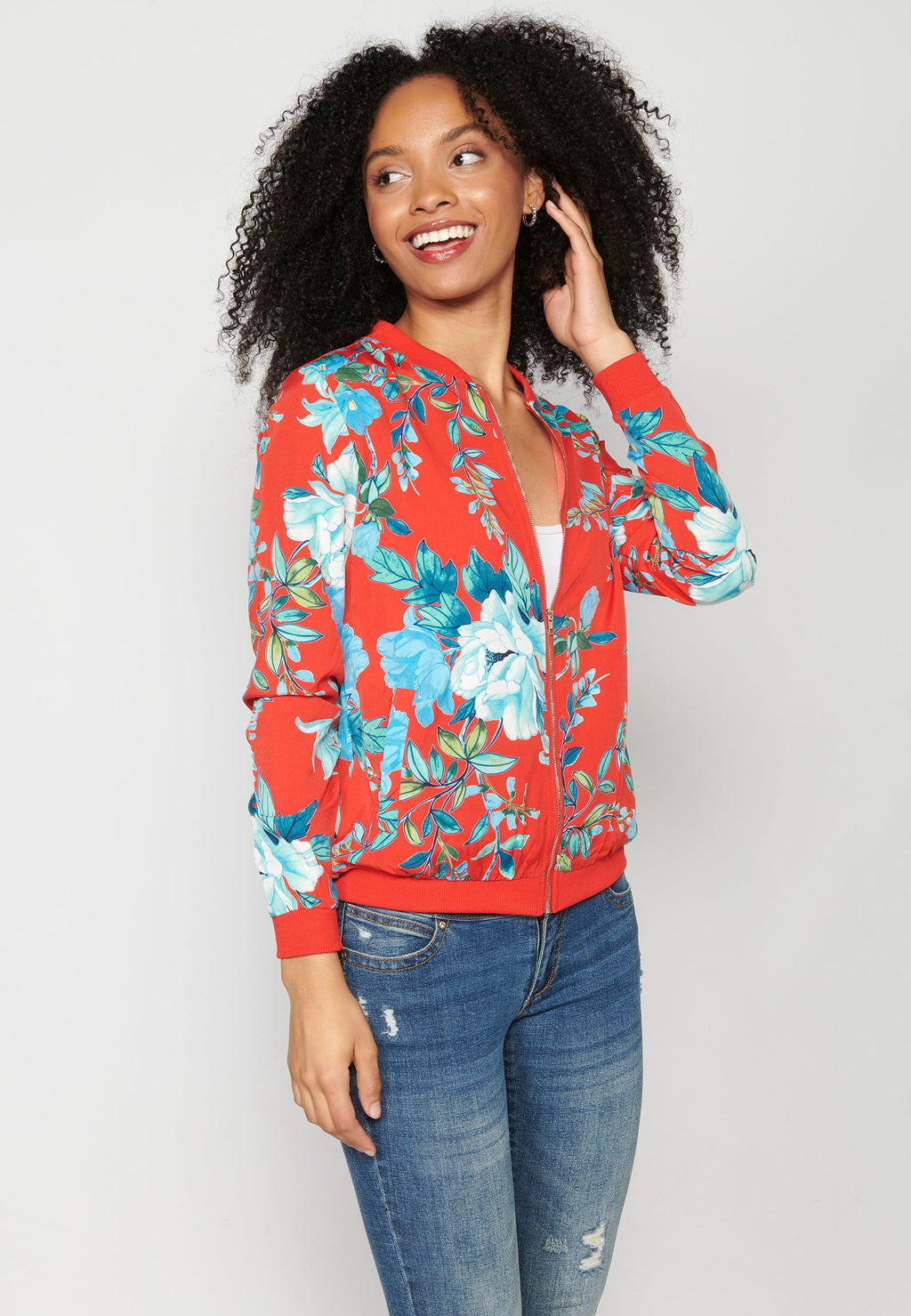 Blusa cremallera manga larga transparencia estampado floral mujer