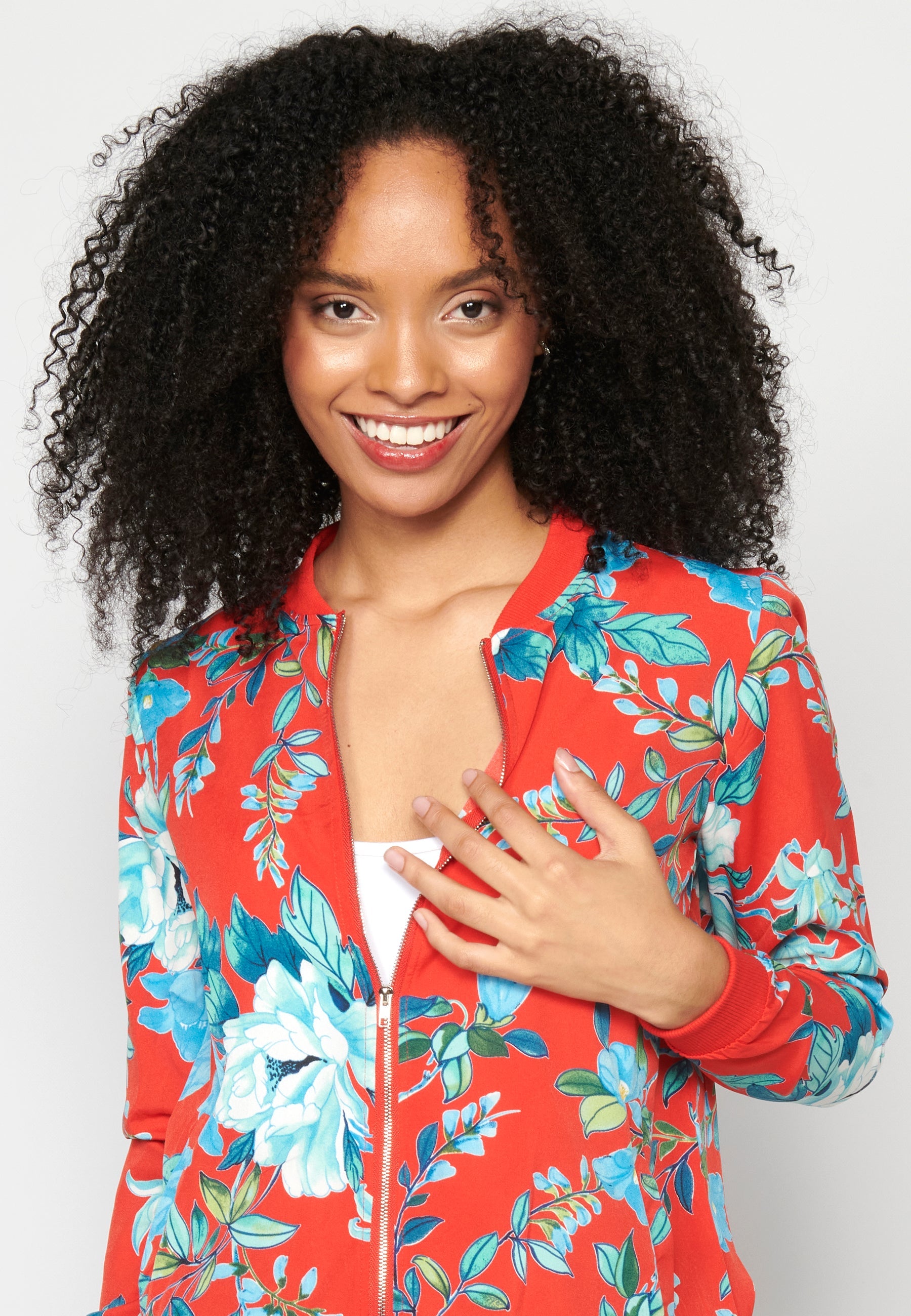 Blusa cremallera manga larga transparencia estampado floral mujer