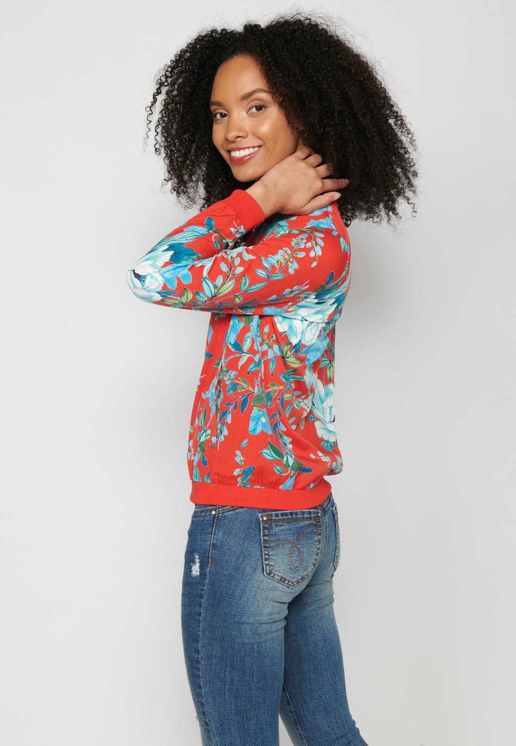 Blusa cremallera manga larga transparencia estampado floral mujer