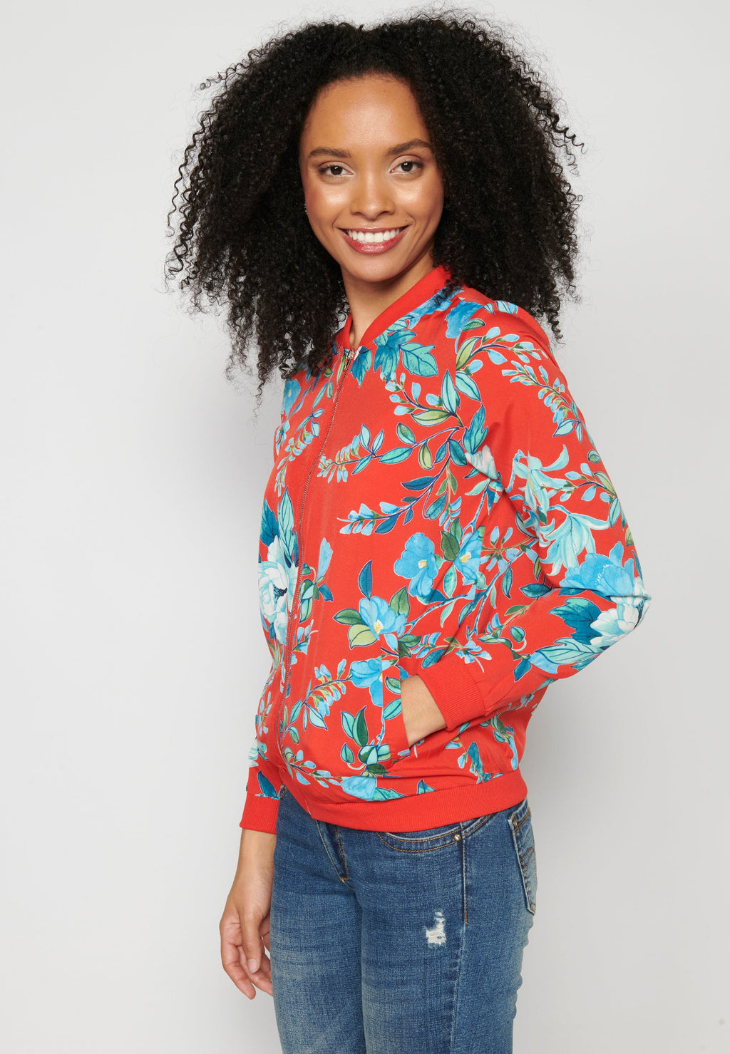 Blusa cremallera manga larga transparencia estampado floral mujer