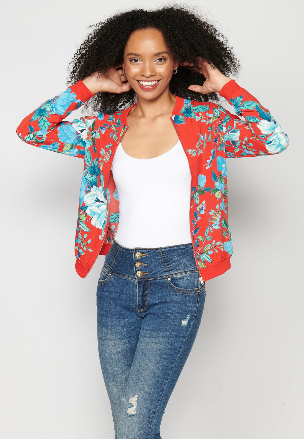 Blusa cremallera manga larga transparencia estampado floral mujer