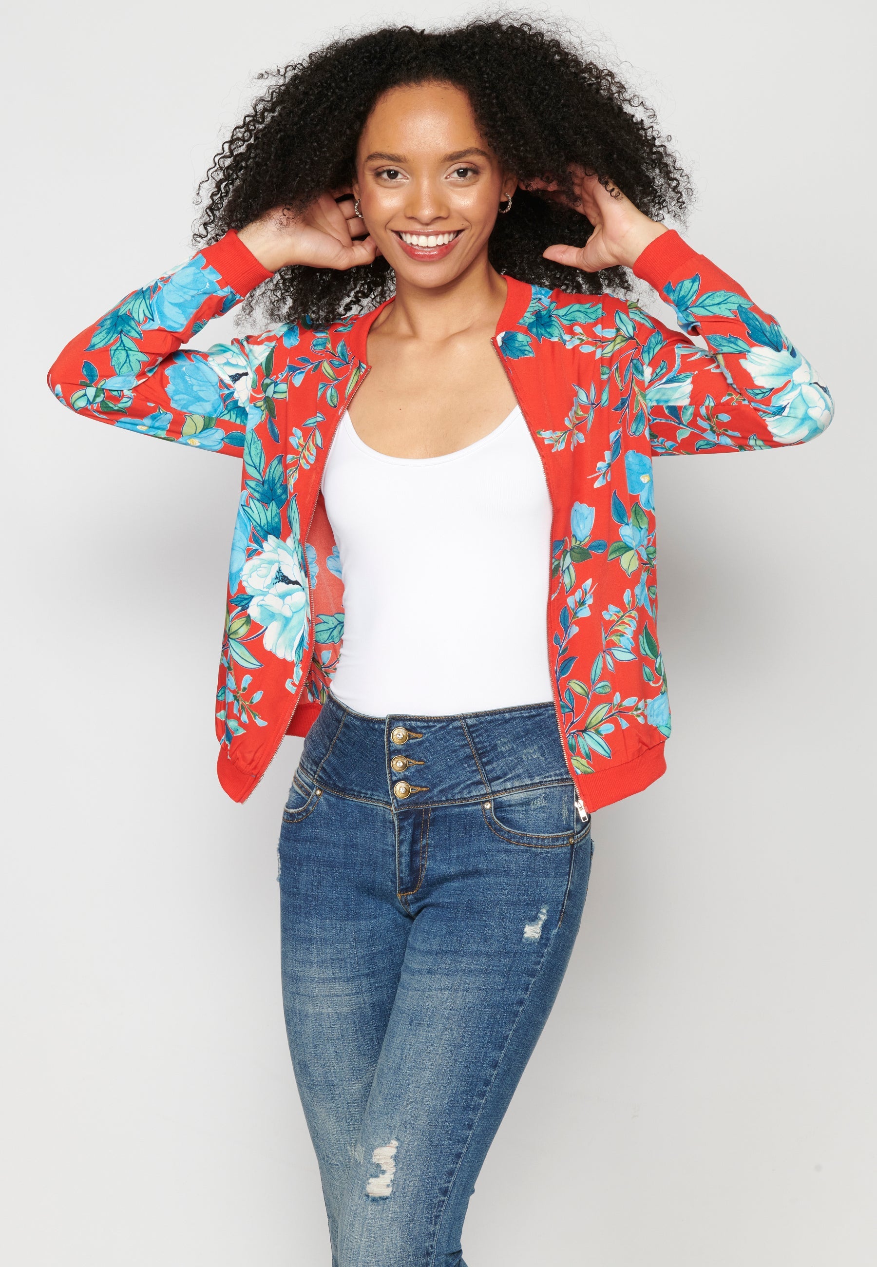 Blusa cremallera manga larga transparencia estampado floral mujer