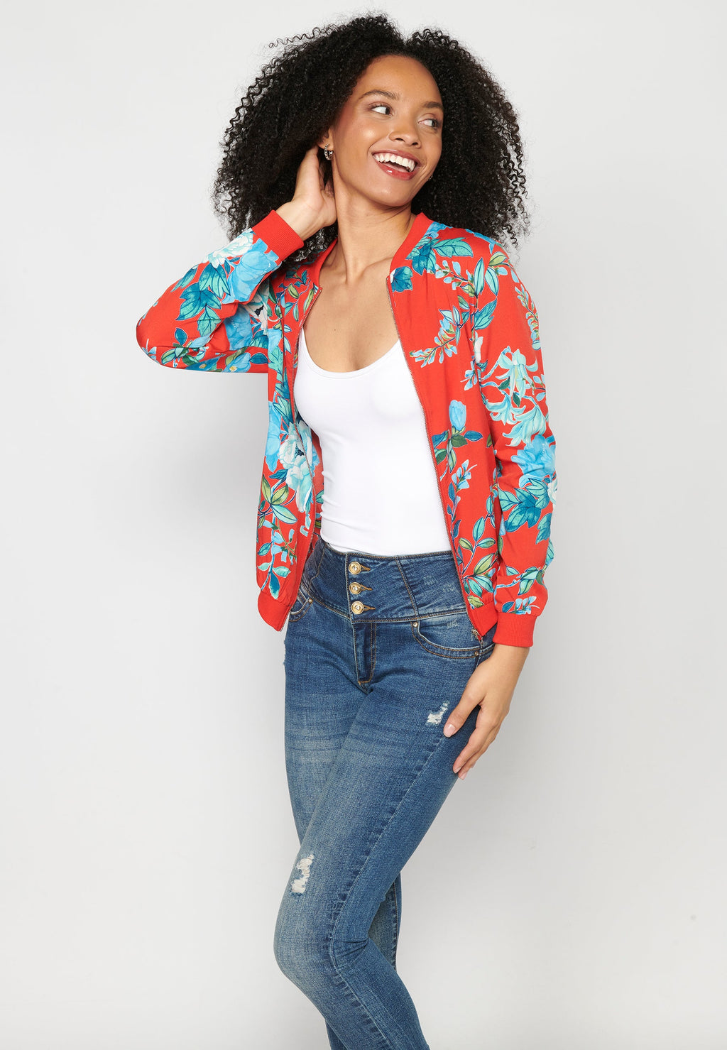 Blusa cremallera manga larga transparencia estampado floral mujer