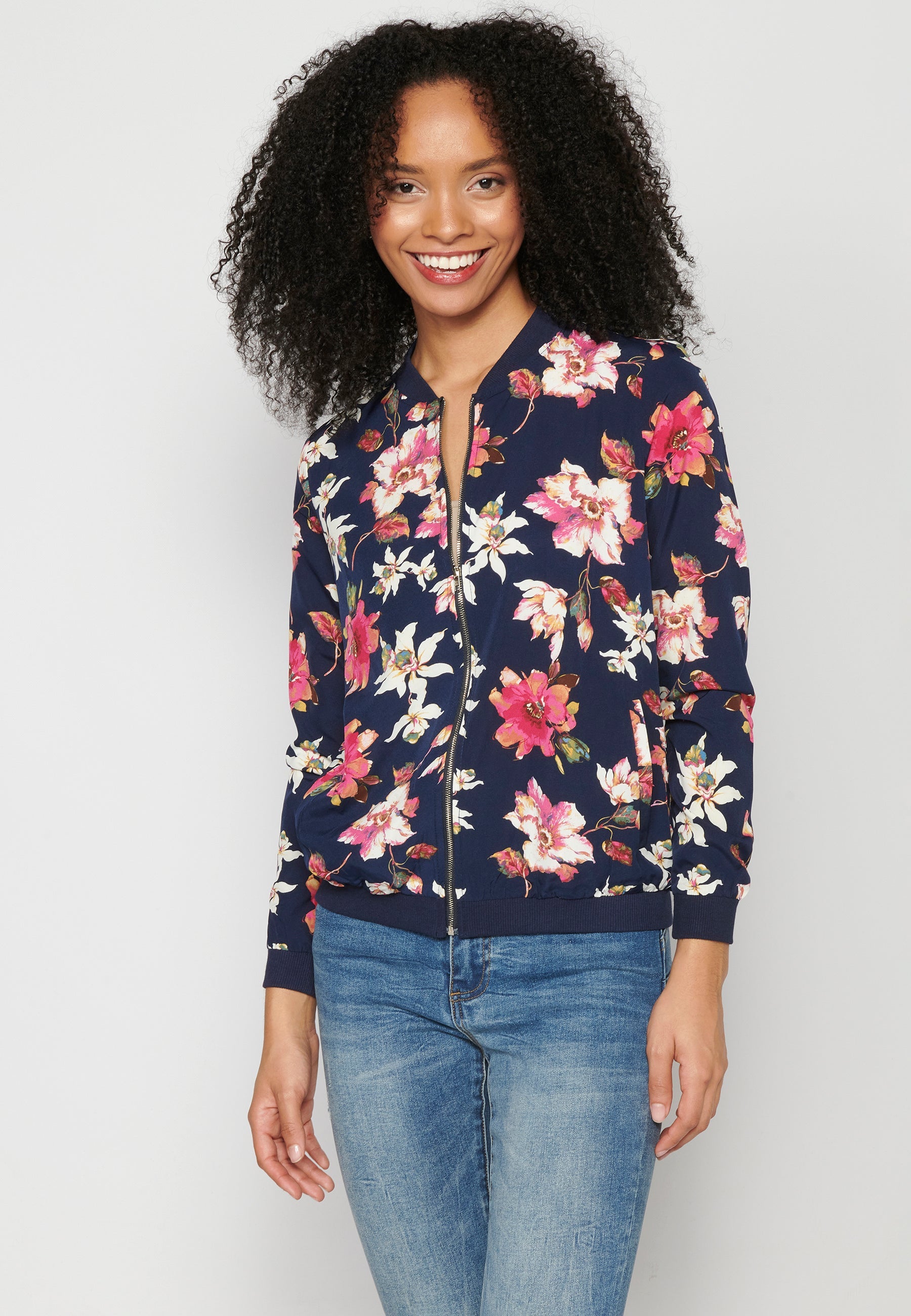 Blusa cremallera manga larga transparencia estampado floral mujer
