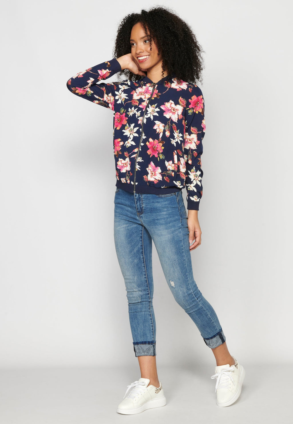 Blusa cremallera manga larga transparencia estampado floral mujer