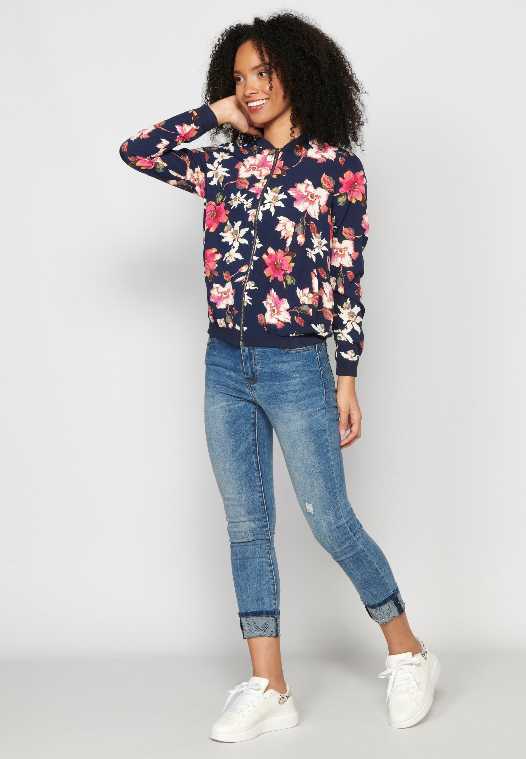 Blusa cremallera manga larga transparencia estampado floral mujer
