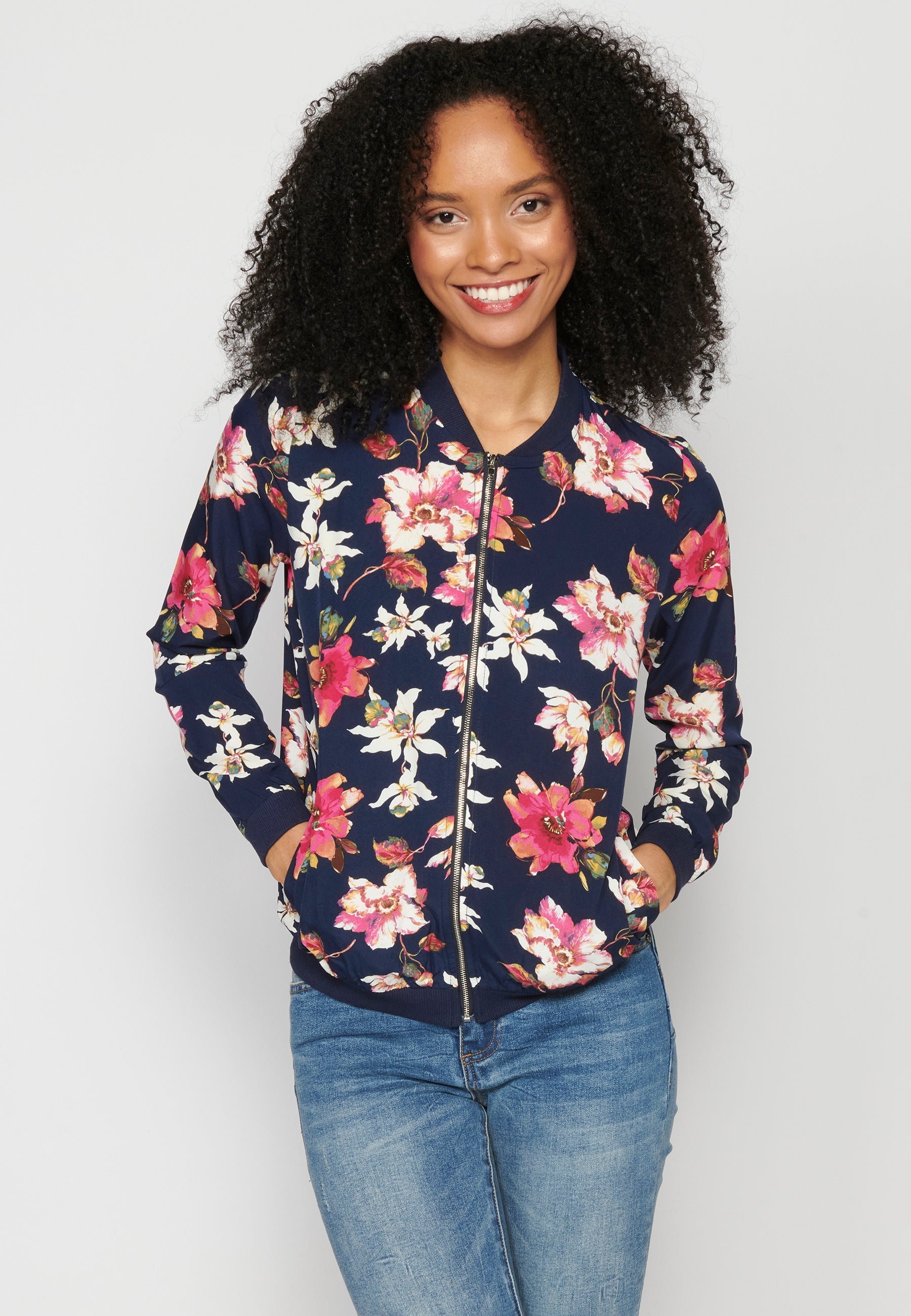 Blusa cremallera manga larga transparencia estampado floral mujer