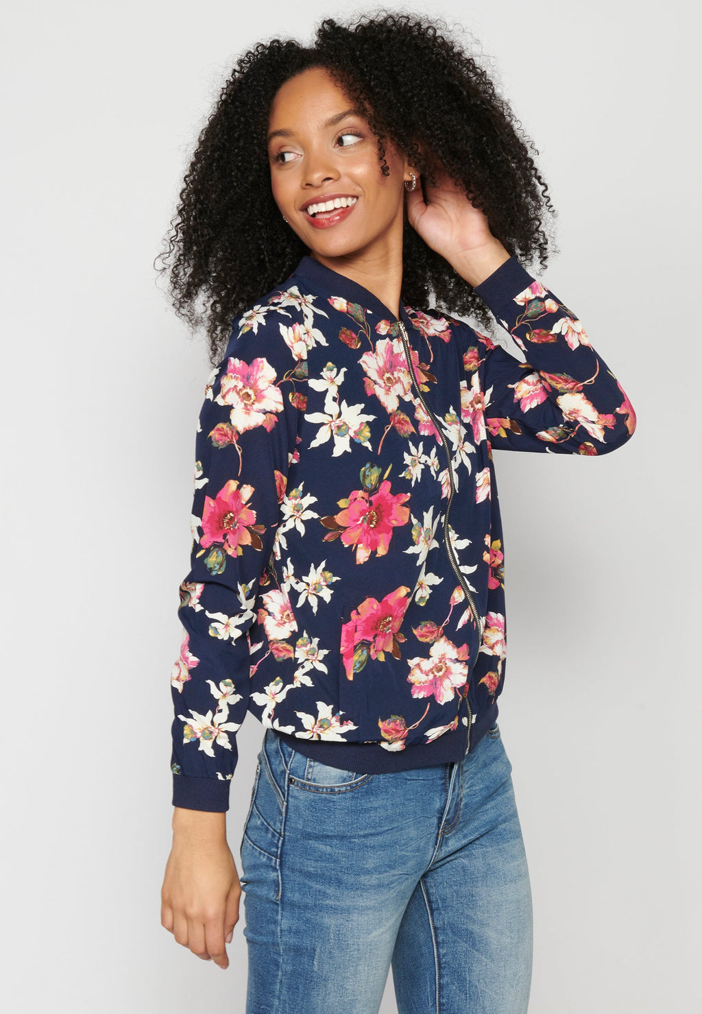 Blusa cremallera manga larga transparencia estampado floral mujer