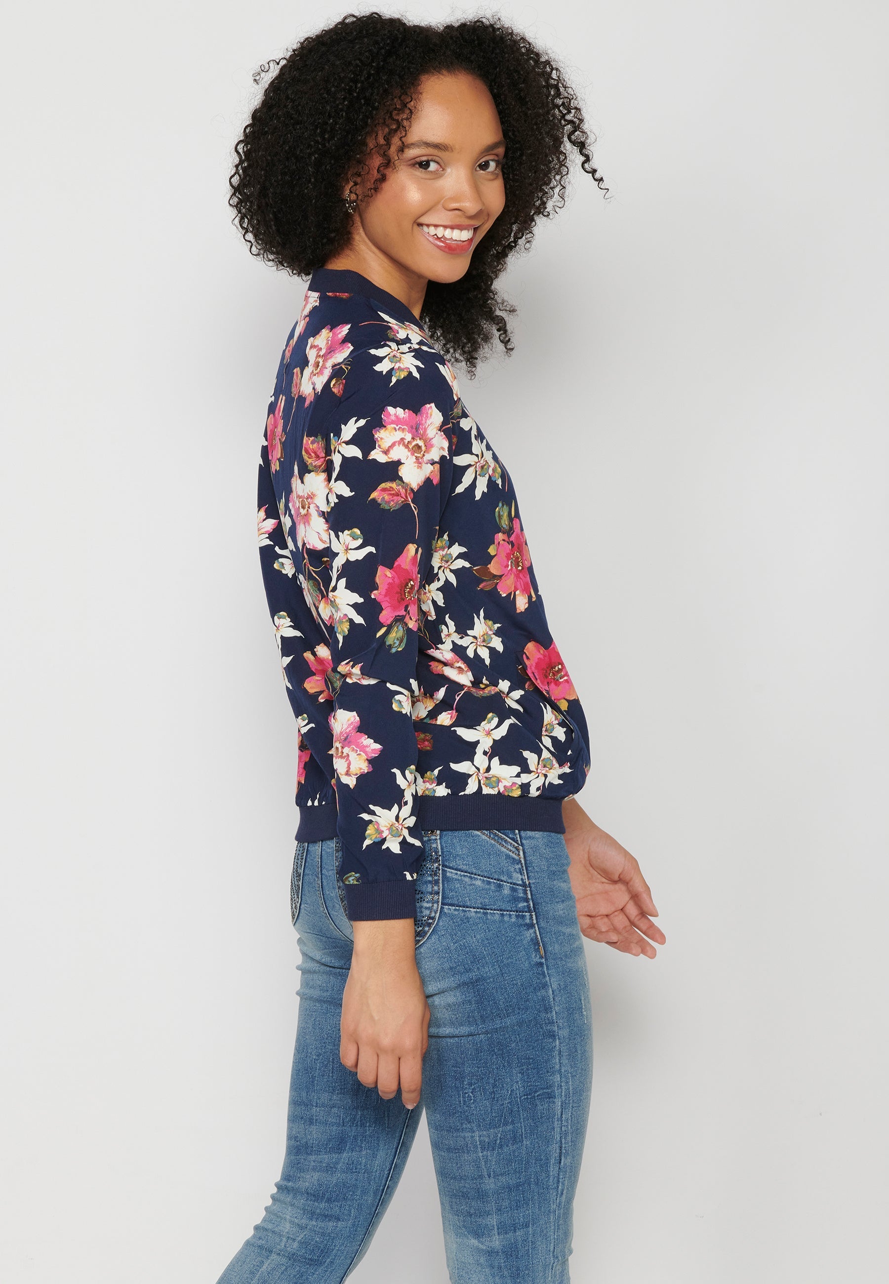 Blusa cremallera manga larga transparencia estampado floral mujer