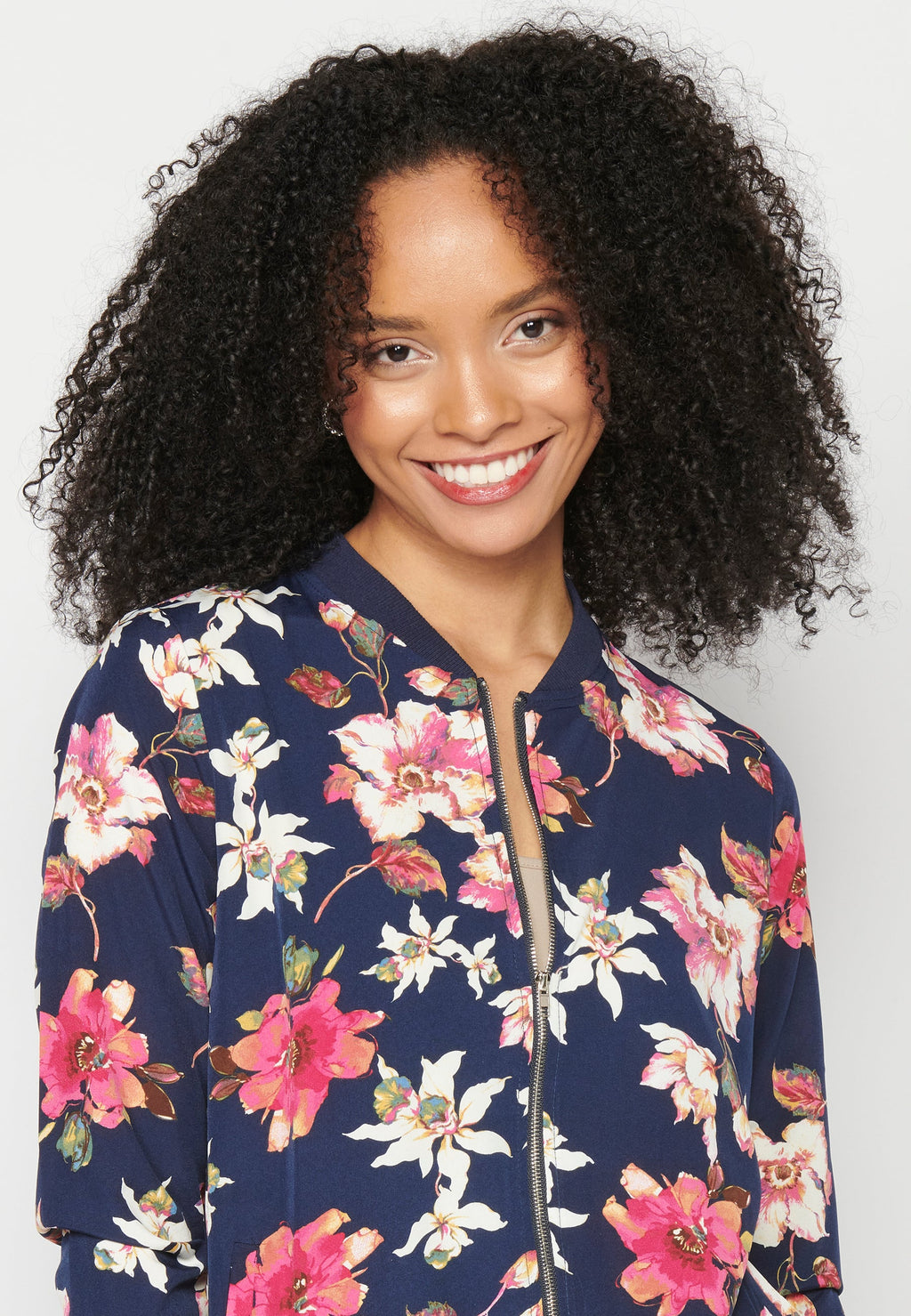 Blusa cremallera manga larga transparencia estampado floral mujer