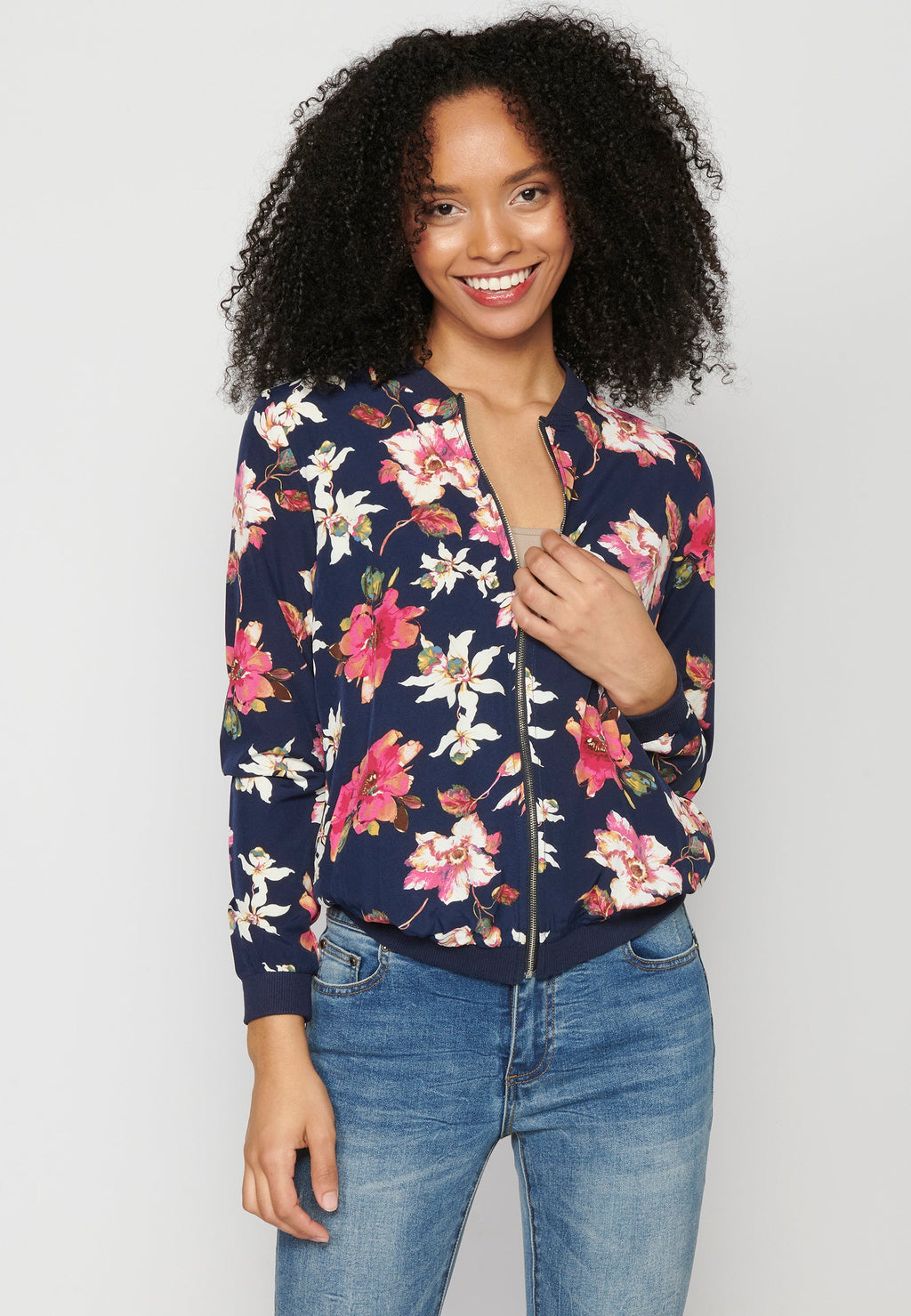 Blusa cremallera manga larga transparencia estampado floral mujer